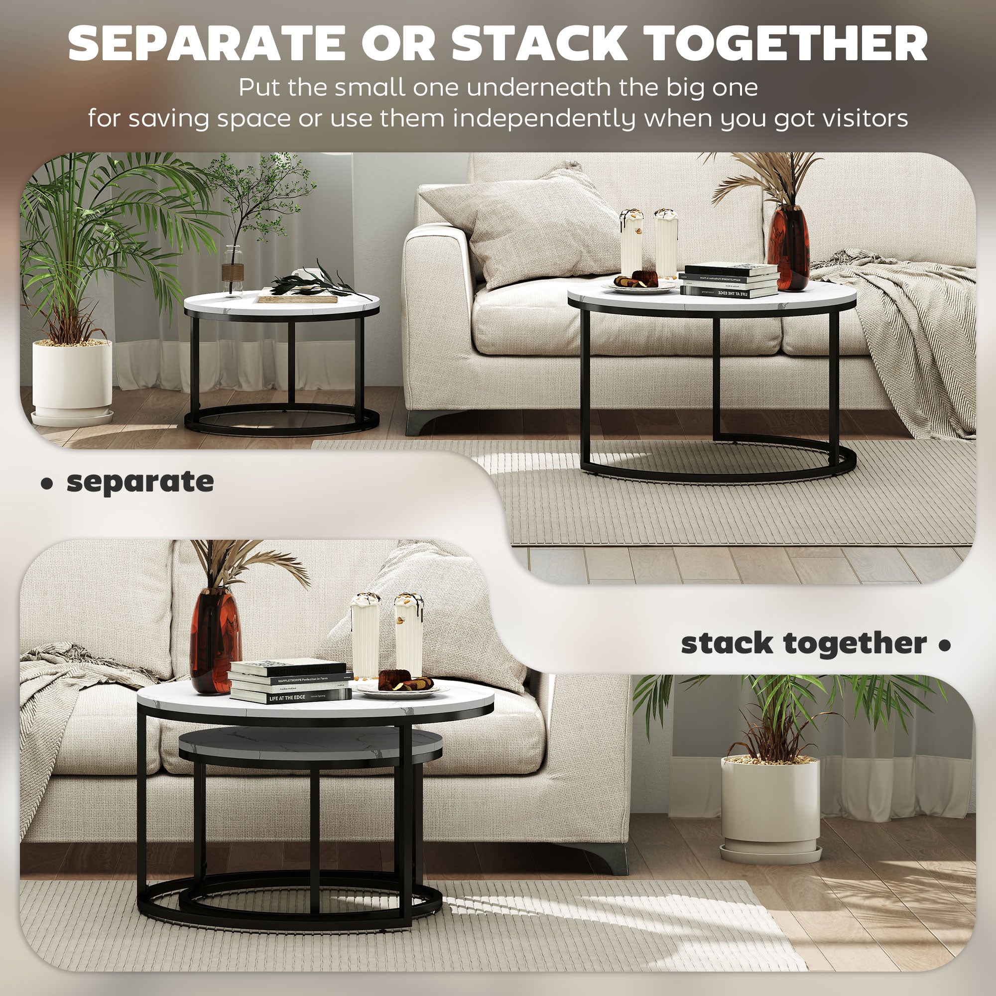 Nesting Coffee Table Set of 2 - Faux Marble White-Home Furnishings > Living Room Furniture > Coffee Tables-DECOROLALA