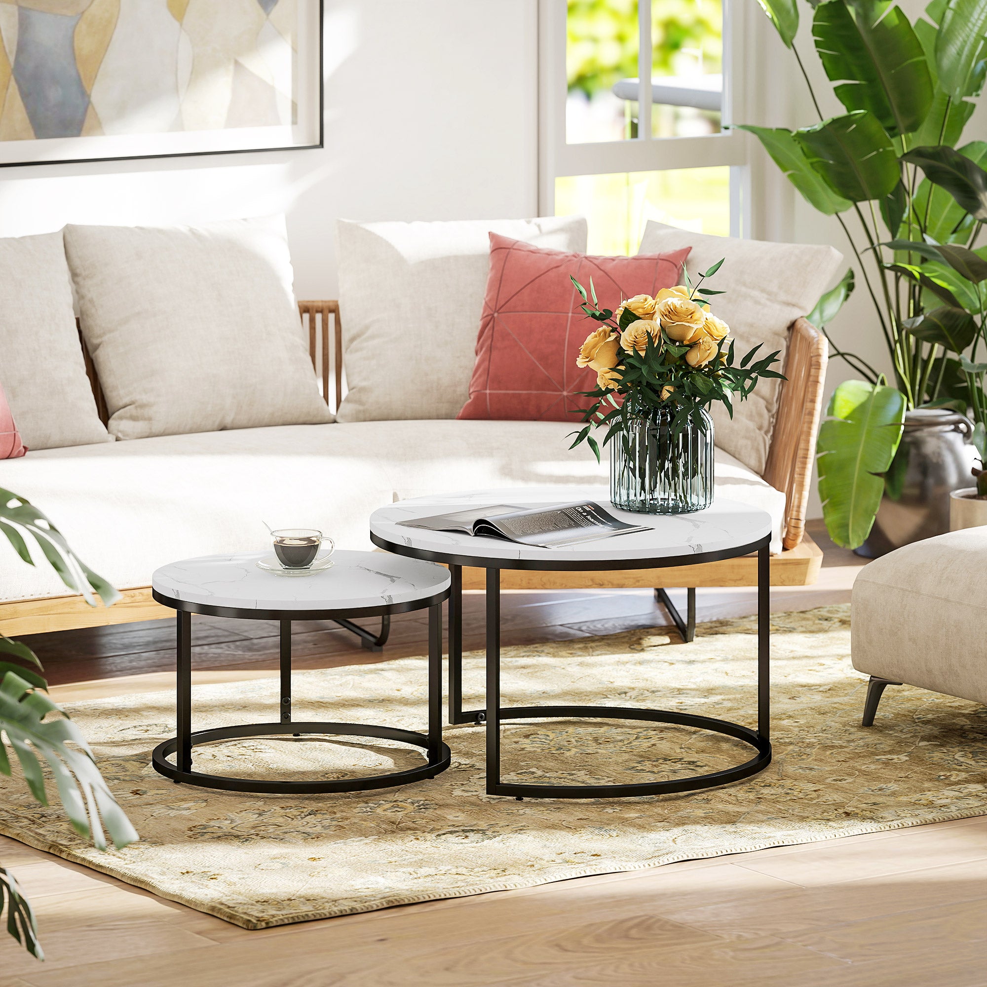 Nesting Coffee Table Set of 2 - Faux Marble White-Home Furnishings > Living Room Furniture > Coffee Tables-DECOROLALA