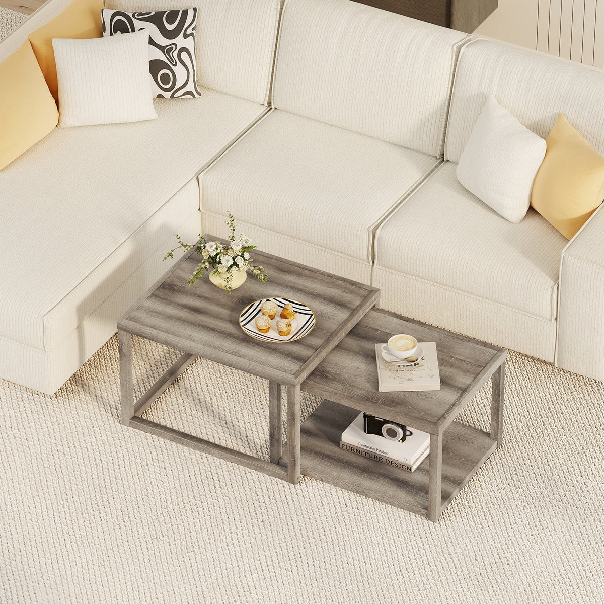 Nesting Coffee Table Set of 2 Stackable Rectangular End Tables-Gray-End & Side Tables-DECOROLALA