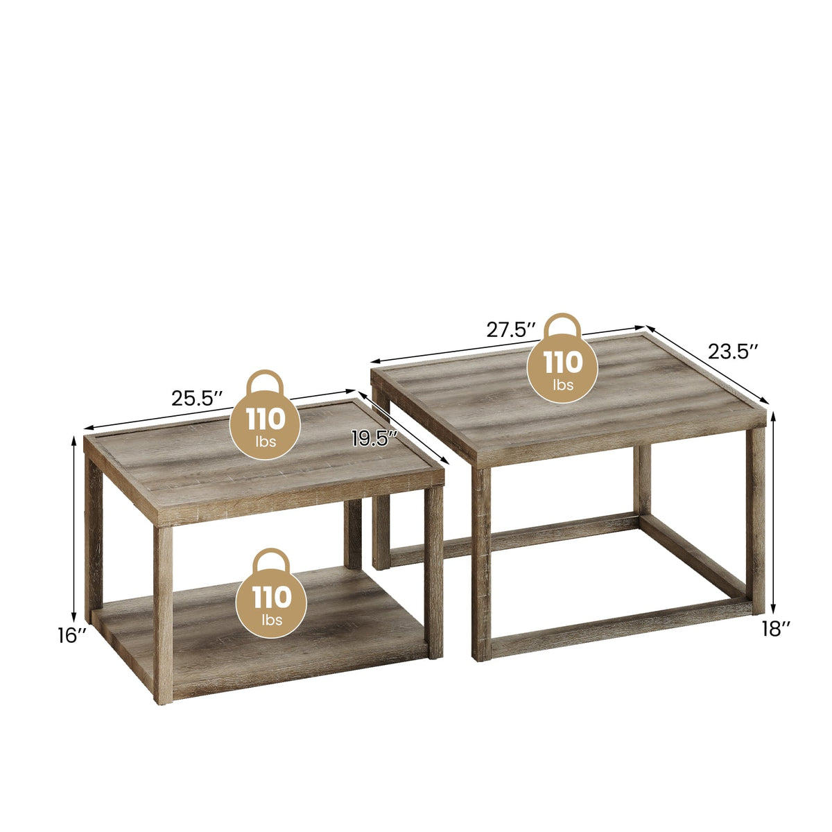 Nesting Coffee Table Set of 2 Stackable Rectangular End Tables-Gray-End & Side Tables-DECOROLALA