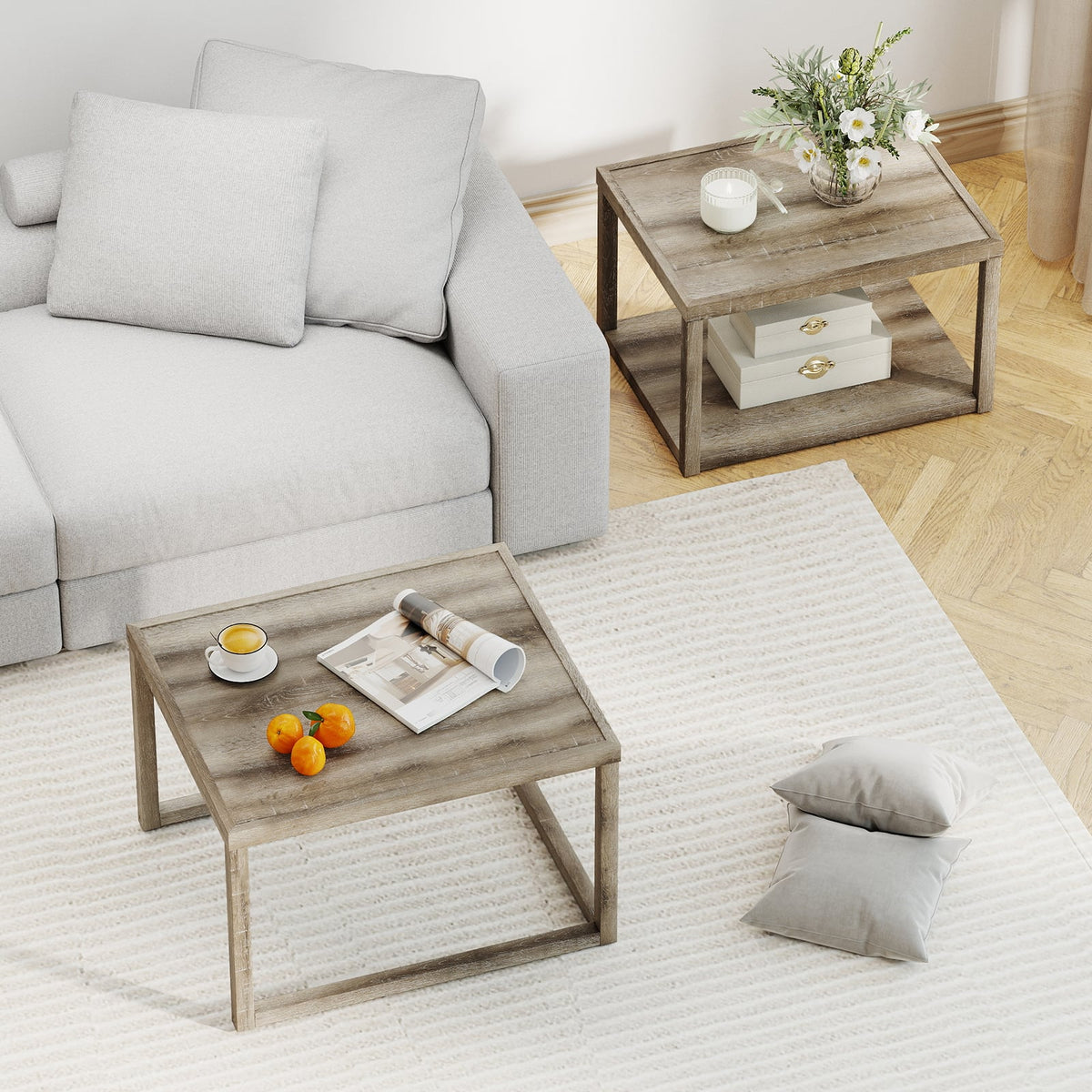 Nesting Coffee Table Set of 2 Stackable Rectangular End Tables-Gray-End & Side Tables-DECOROLALA