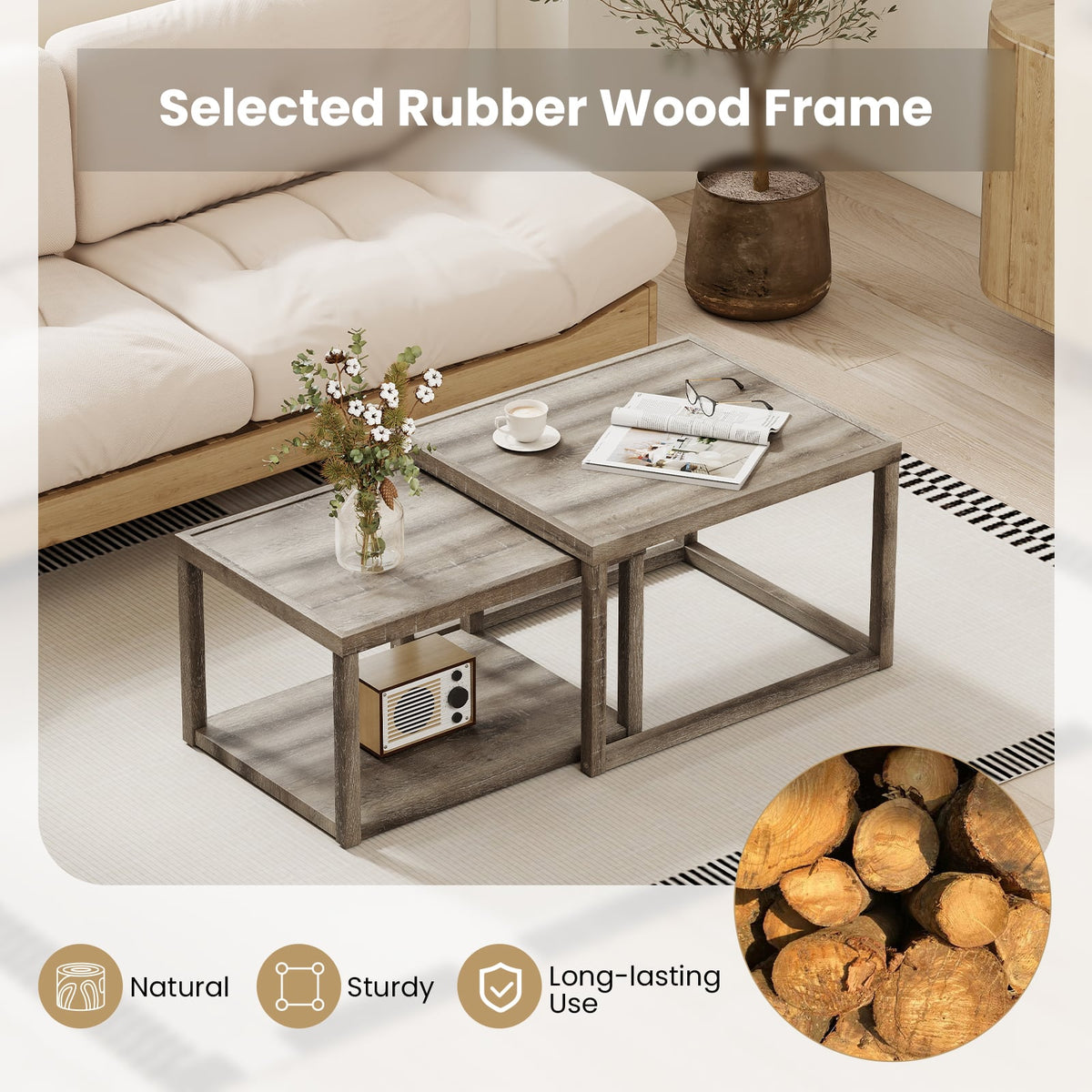 Nesting Coffee Table Set of 2 Stackable Rectangular End Tables-Gray-End & Side Tables-DECOROLALA