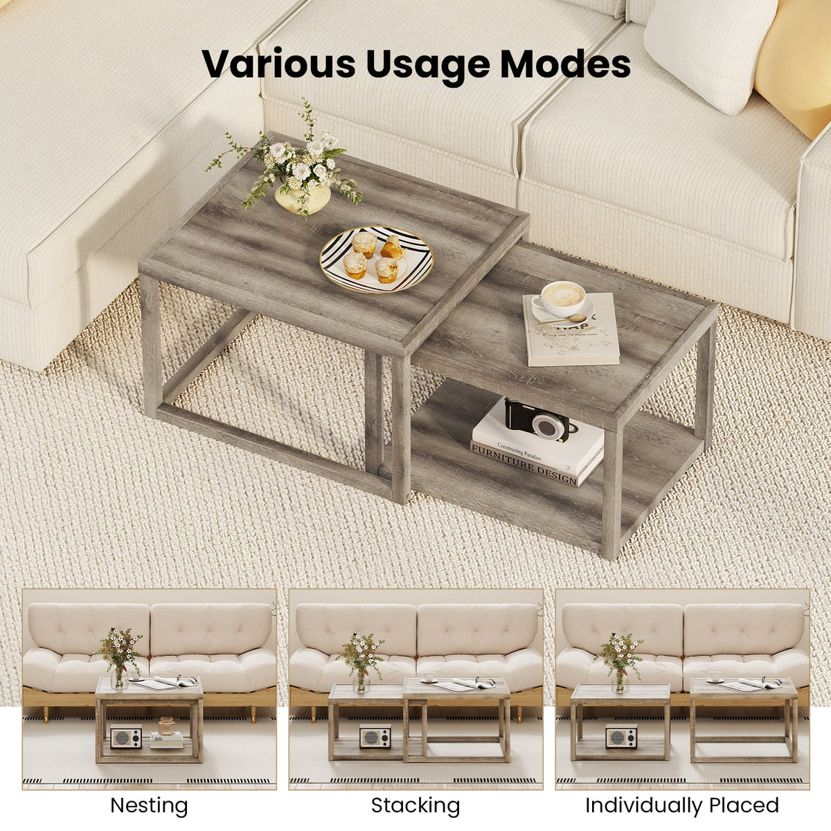 Nesting Coffee Table Set of 2 Stackable Rectangular End Tables-Gray-End & Side Tables-DECOROLALA