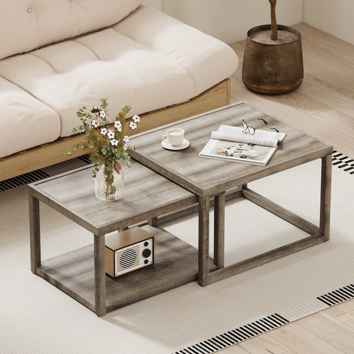 Nesting Coffee Table Set of 2 Stackable Rectangular End Tables-Gray-End & Side Tables-DECOROLALA