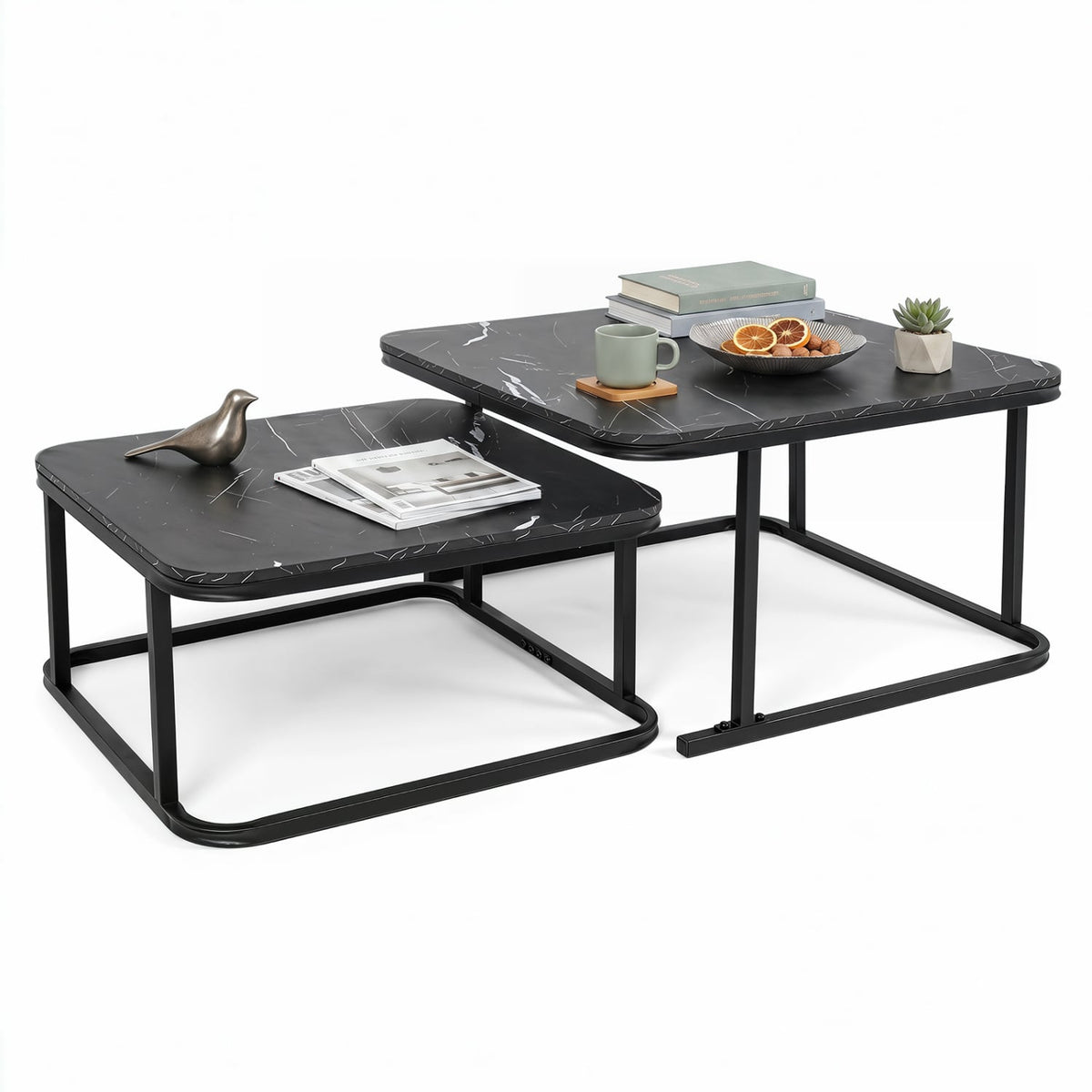 Nesting Coffee Table Set of 2 with Faux Marble Top and Metal Frame-Black-Coffee Tables-DECOROLALA