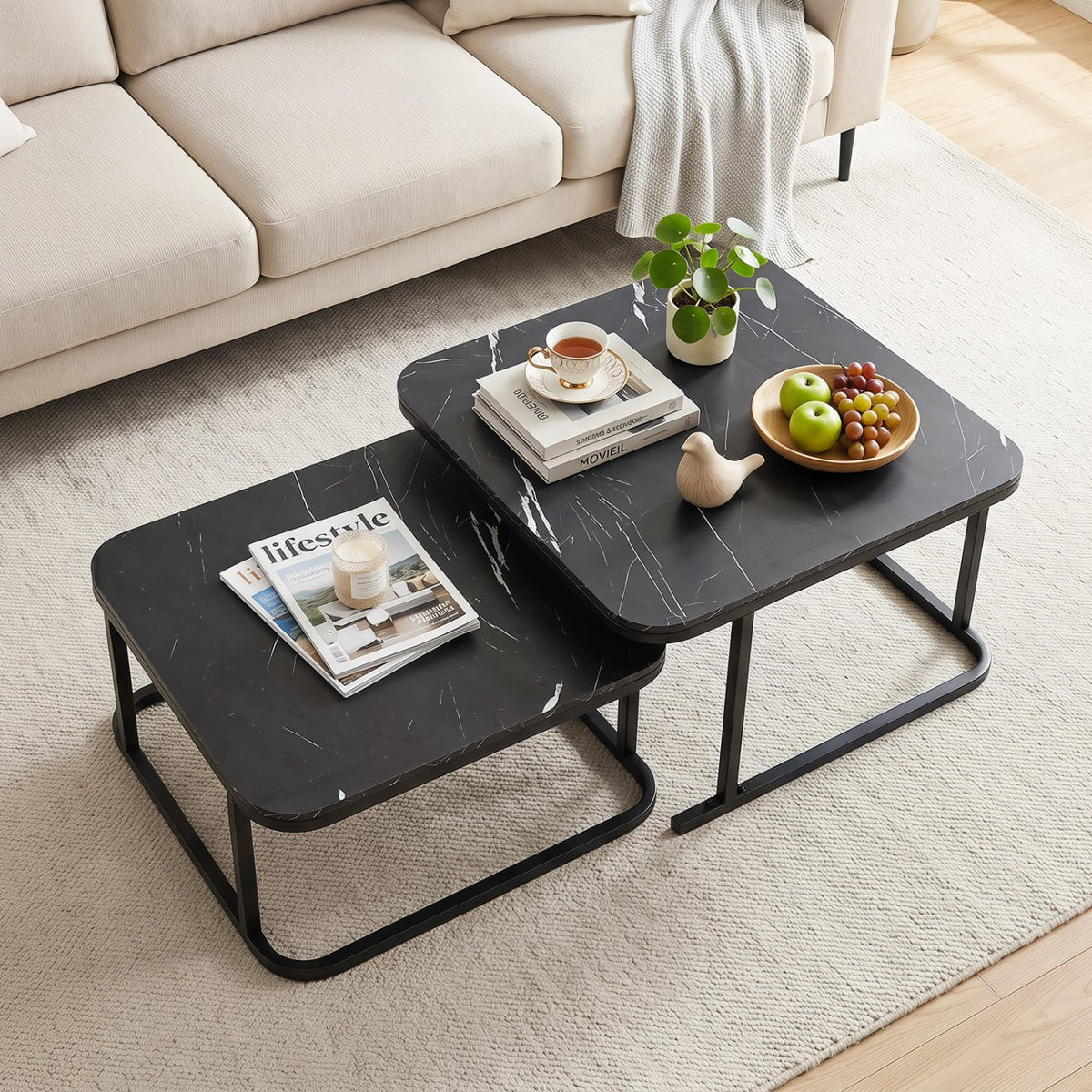 Nesting Coffee Table Set of 2 with Faux Marble Top and Metal Frame-Black-Coffee Tables-DECOROLALA