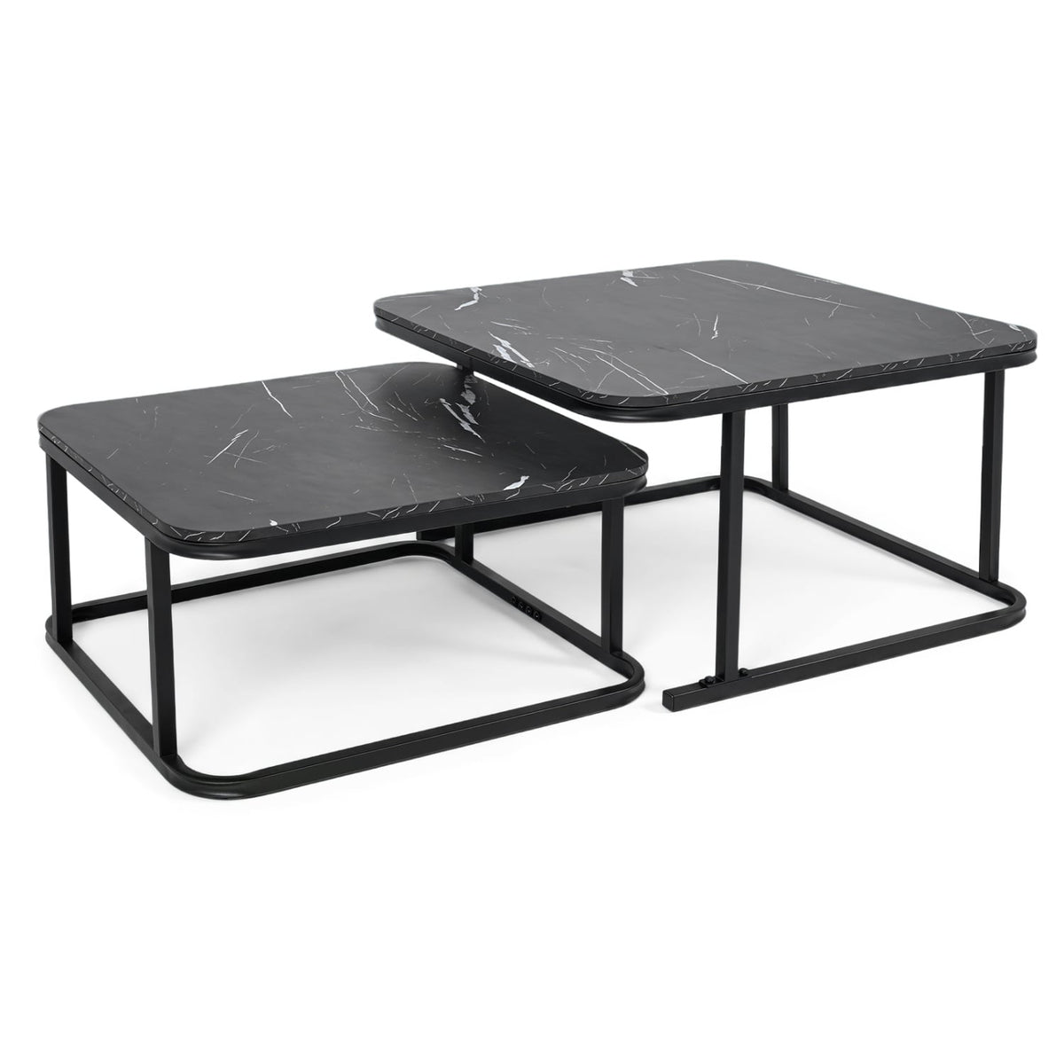 Nesting Coffee Table Set of 2 with Faux Marble Top and Metal Frame-Black-Coffee Tables-DECOROLALA