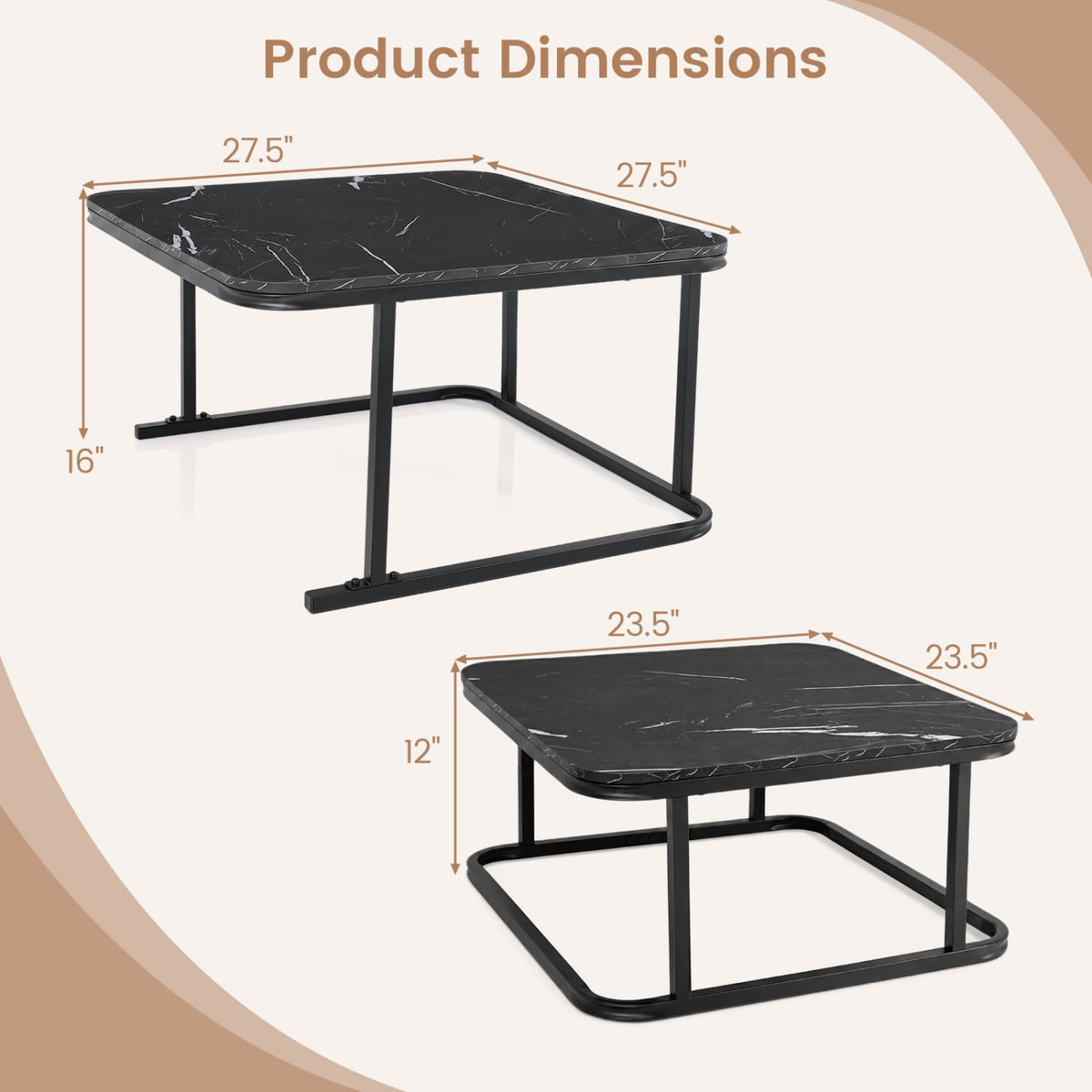 Nesting Coffee Table Set of 2 with Faux Marble Top and Metal Frame-Black-Coffee Tables-DECOROLALA