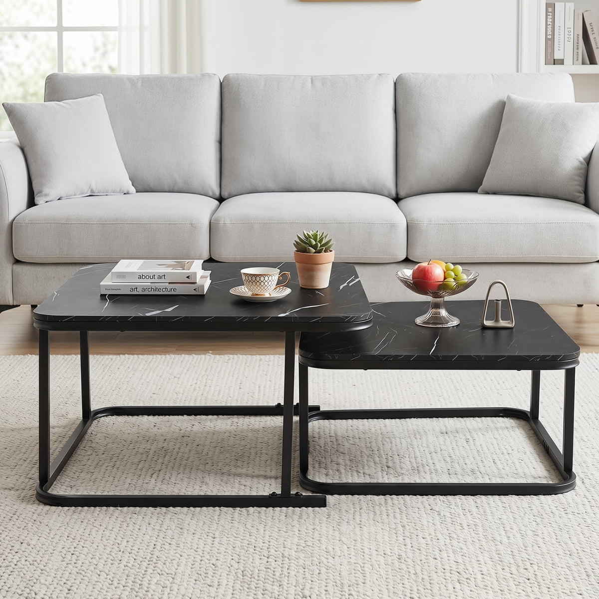 Nesting Coffee Table Set of 2 with Faux Marble Top and Metal Frame-Black-Coffee Tables-DECOROLALA