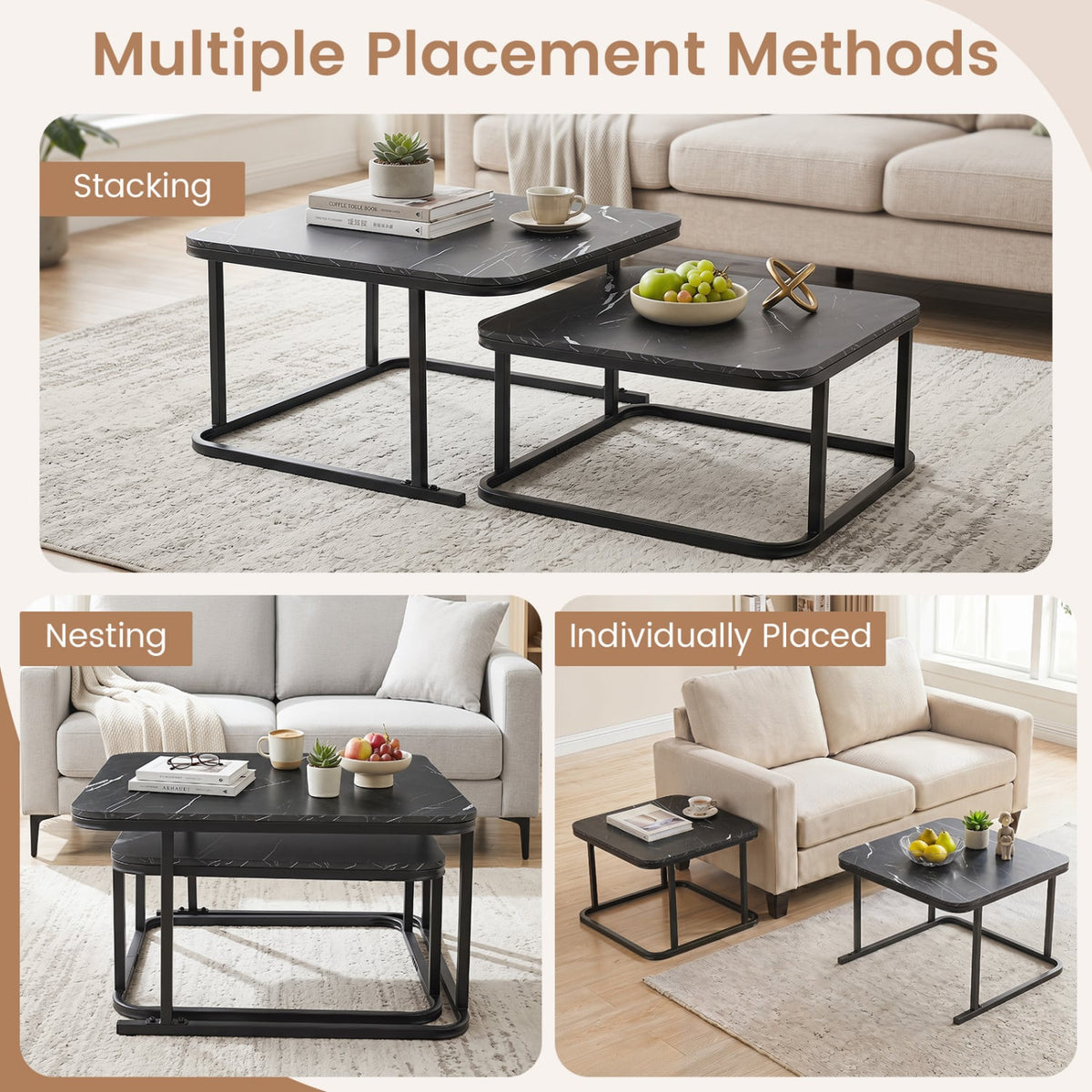 Nesting Coffee Table Set of 2 with Faux Marble Top and Metal Frame-Black-Coffee Tables-DECOROLALA
