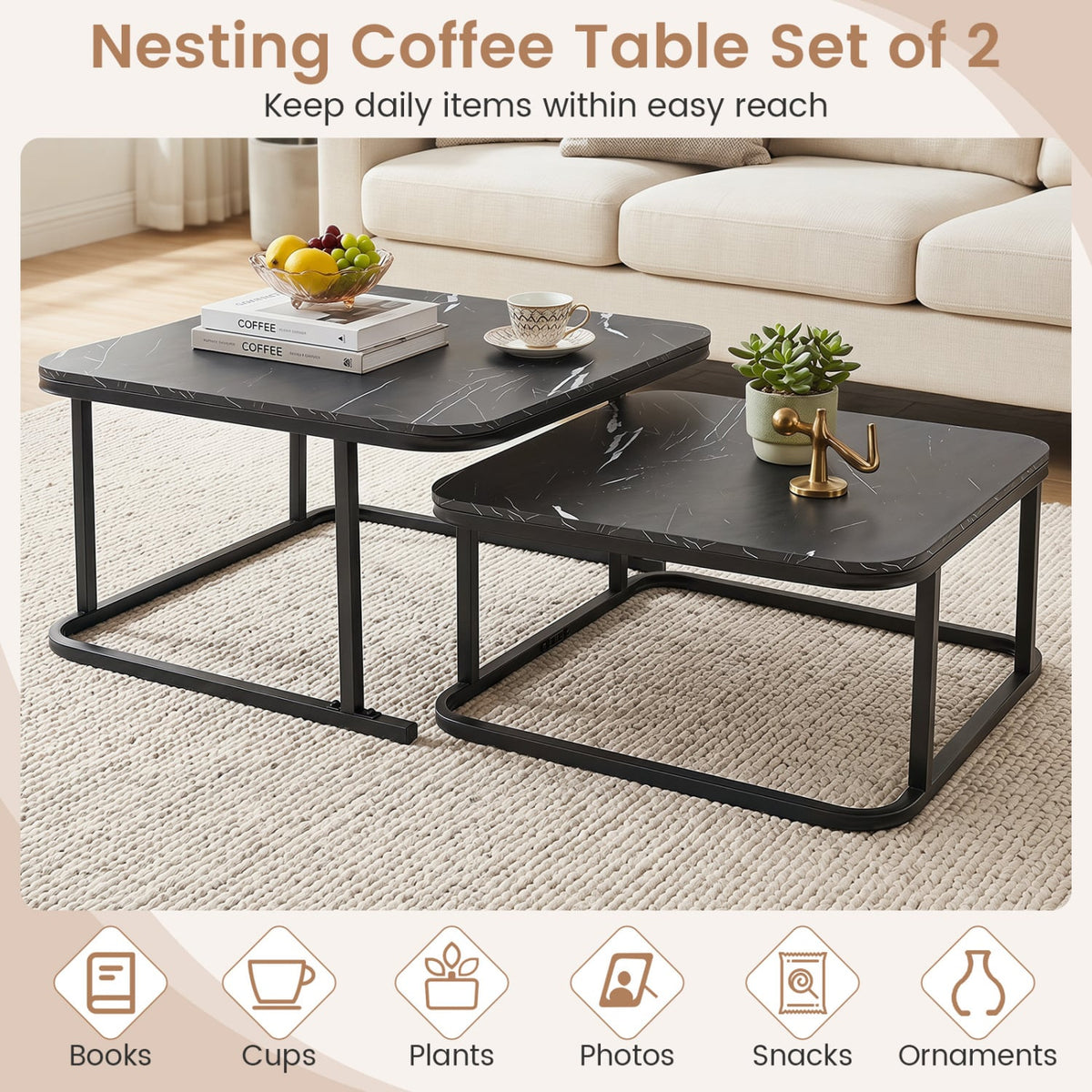 Nesting Coffee Table Set of 2 with Faux Marble Top and Metal Frame-Black-Coffee Tables-DECOROLALA