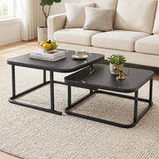 Nesting Coffee Table Set of 2 with Faux Marble Top and Metal Frame-Black-Coffee Tables-DECOROLALA