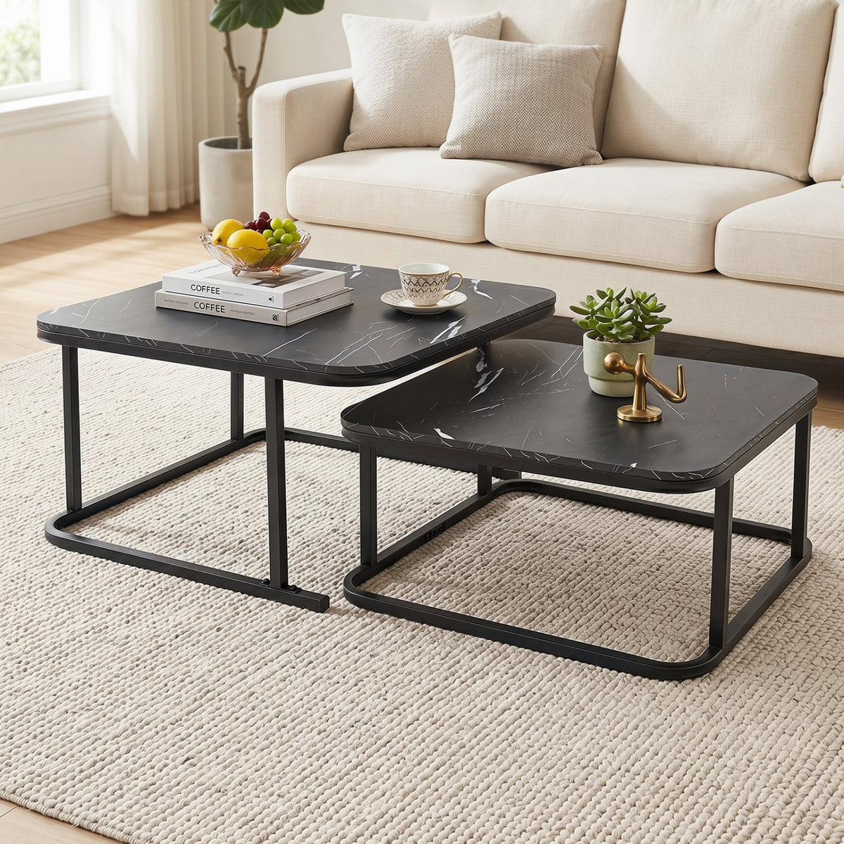 Nesting Coffee Table Set of 2 with Faux Marble Top and Metal Frame-Black-Coffee Tables-DECOROLALA