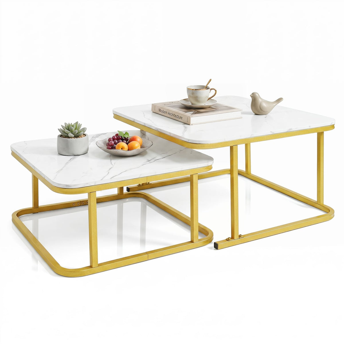 Nesting Coffee Table Set of 2 with Faux Marble Top and Metal Frame-White-Coffee Tables-DECOROLALA