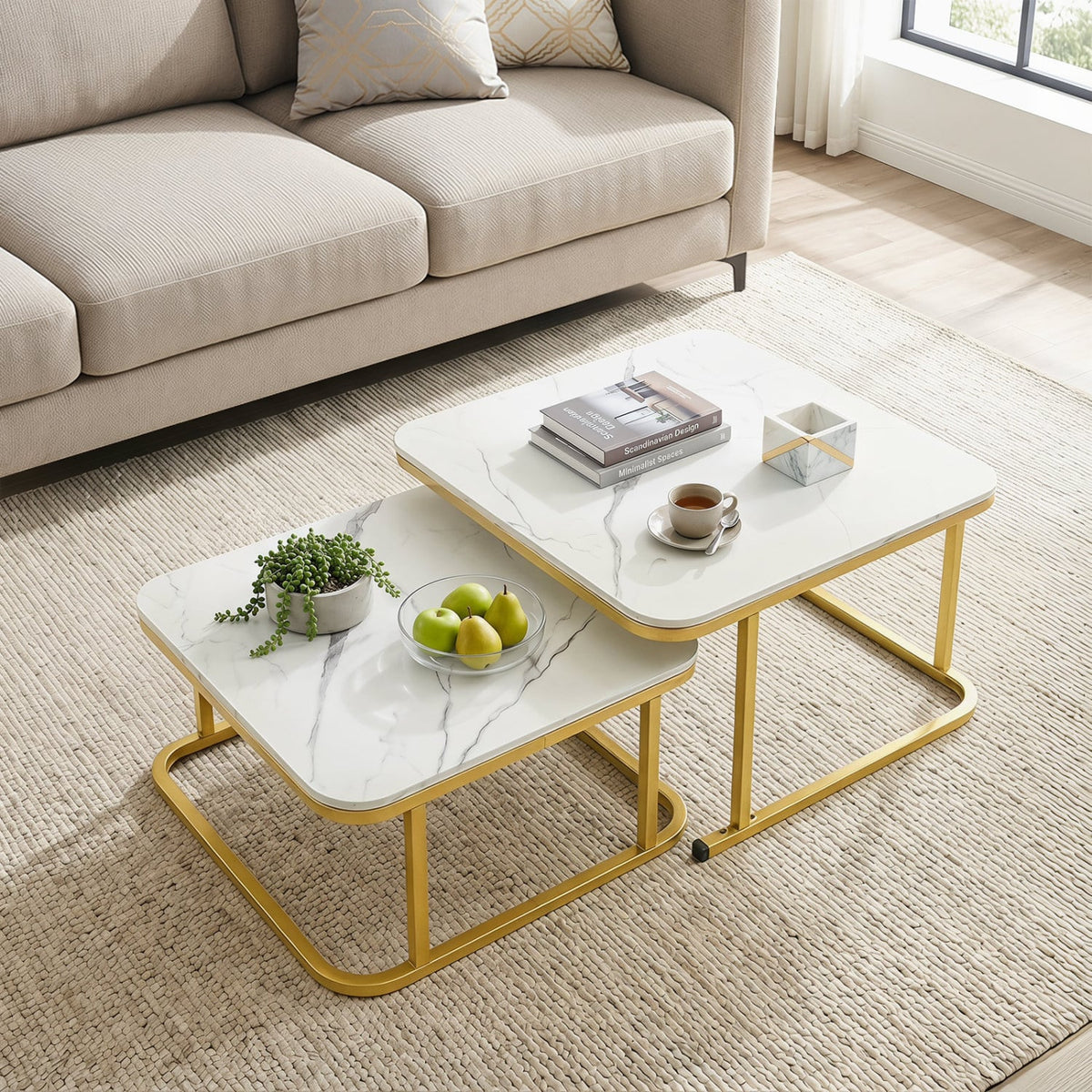 Nesting Coffee Table Set of 2 with Faux Marble Top and Metal Frame-White-Coffee Tables-DECOROLALA
