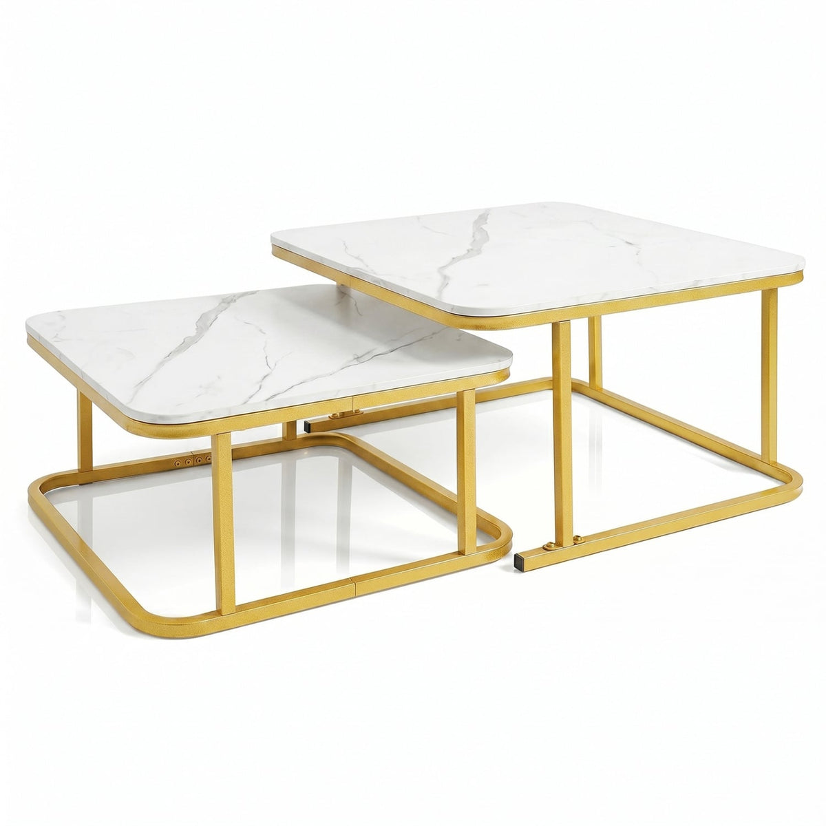 Nesting Coffee Table Set of 2 with Faux Marble Top and Metal Frame-White-Coffee Tables-DECOROLALA
