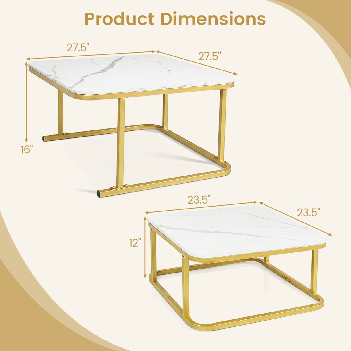 Nesting Coffee Table Set of 2 with Faux Marble Top and Metal Frame-White-Coffee Tables-DECOROLALA