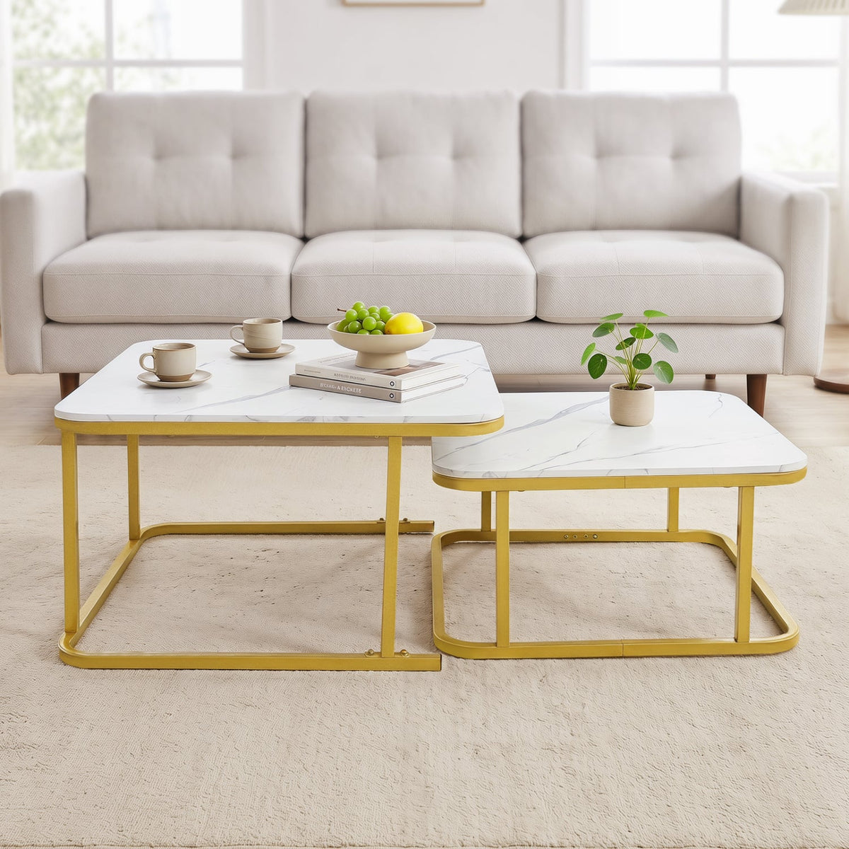 Nesting Coffee Table Set of 2 with Faux Marble Top and Metal Frame-White-Coffee Tables-DECOROLALA