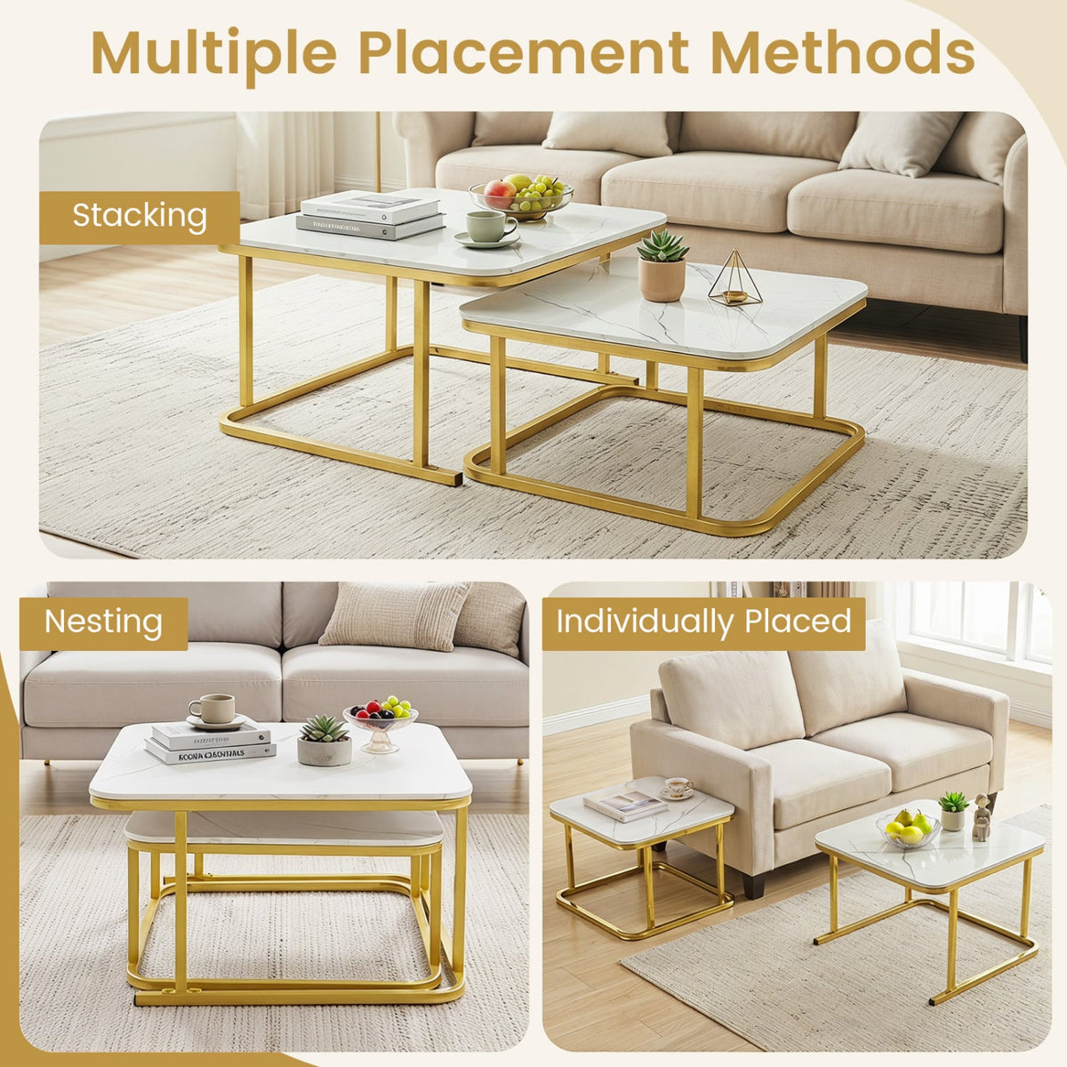 Nesting Coffee Table Set of 2 with Faux Marble Top and Metal Frame-White-Coffee Tables-DECOROLALA