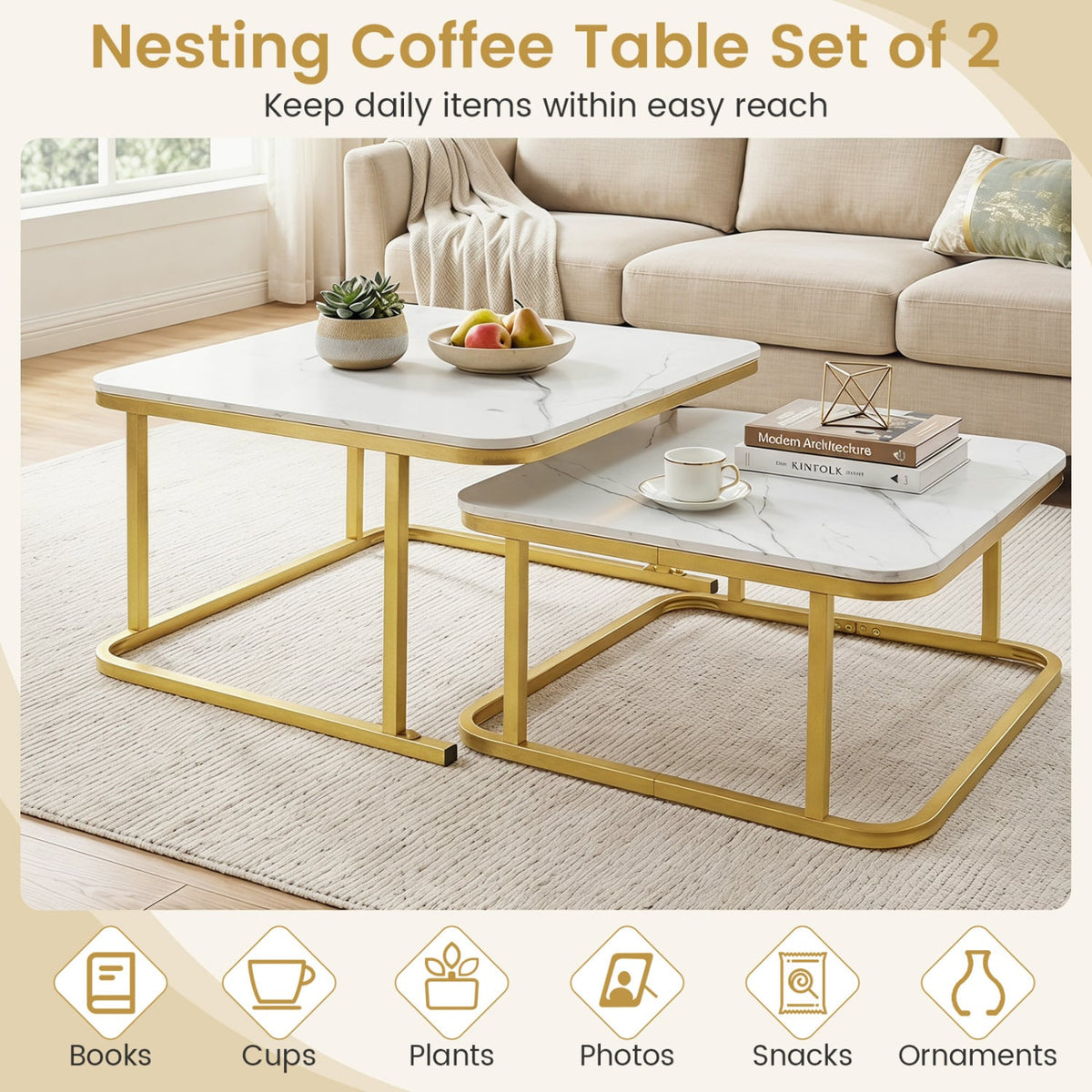 Nesting Coffee Table Set of 2 with Faux Marble Top and Metal Frame-White-Coffee Tables-DECOROLALA