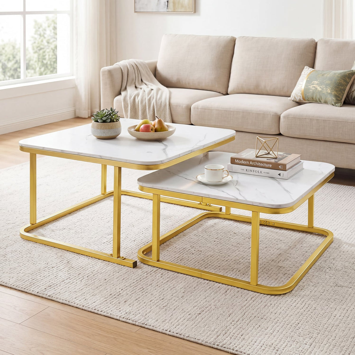 Nesting Coffee Table Set of 2 with Faux Marble Top and Metal Frame-White-Coffee Tables-DECOROLALA