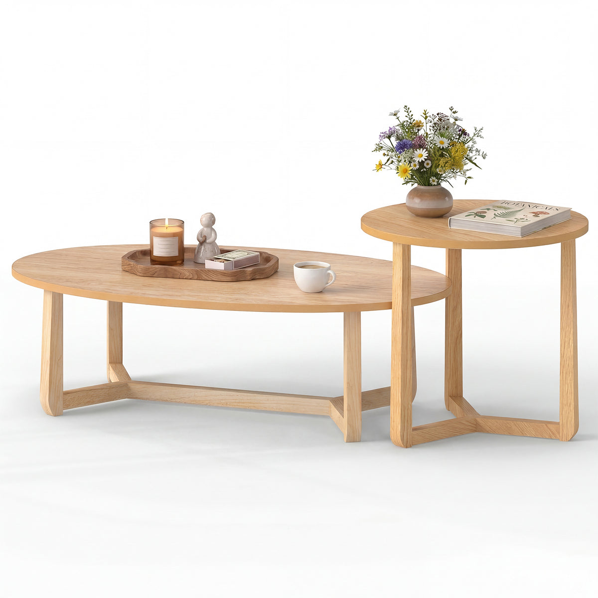 Nesting Coffee Table Set of 2 with Wood Veneered Top and Solid Rubber Wood Legs-Natural-Coffee Tables-DECOROLALA