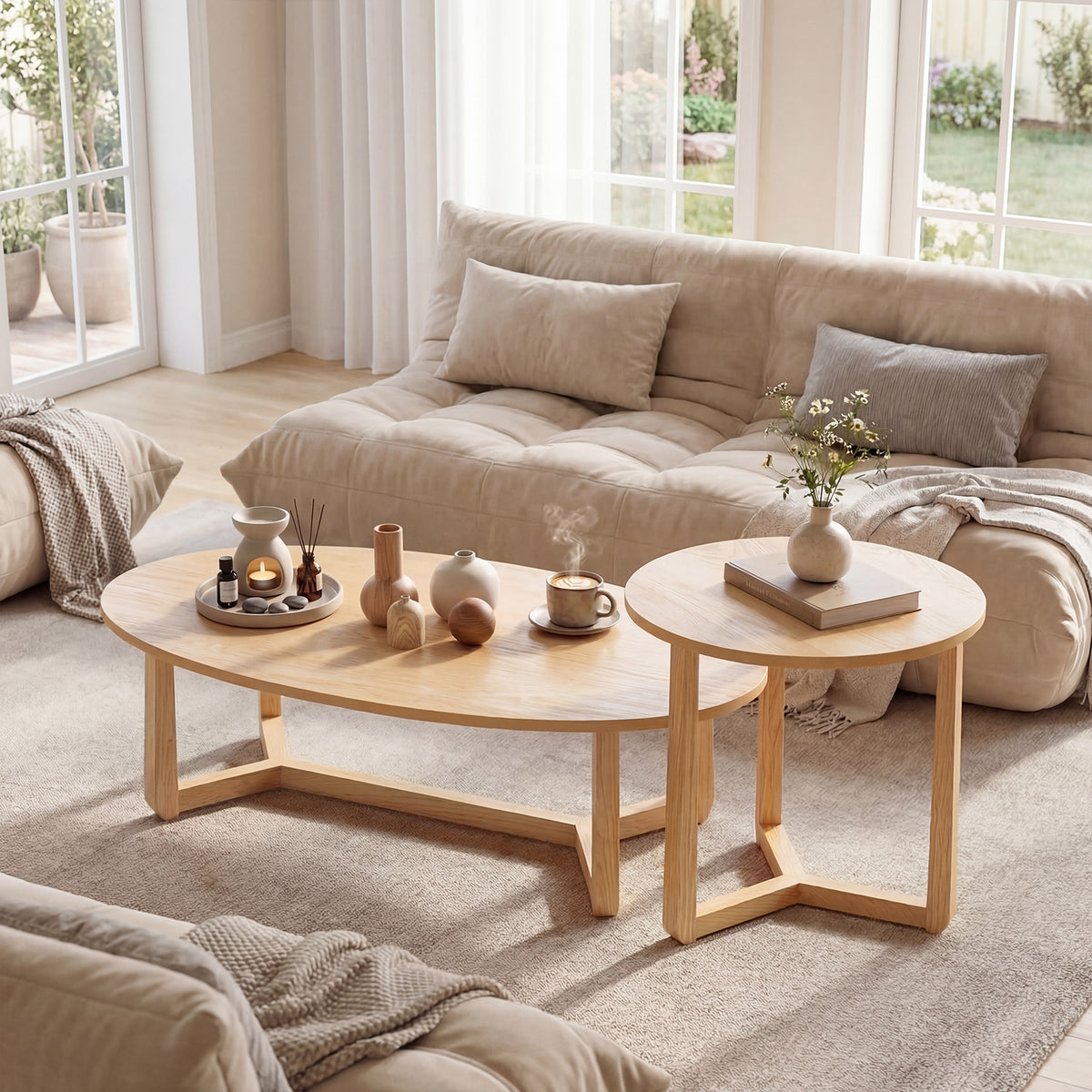 Nesting Coffee Table Set of 2 with Wood Veneered Top and Solid Rubber Wood Legs-Natural-Coffee Tables-DECOROLALA