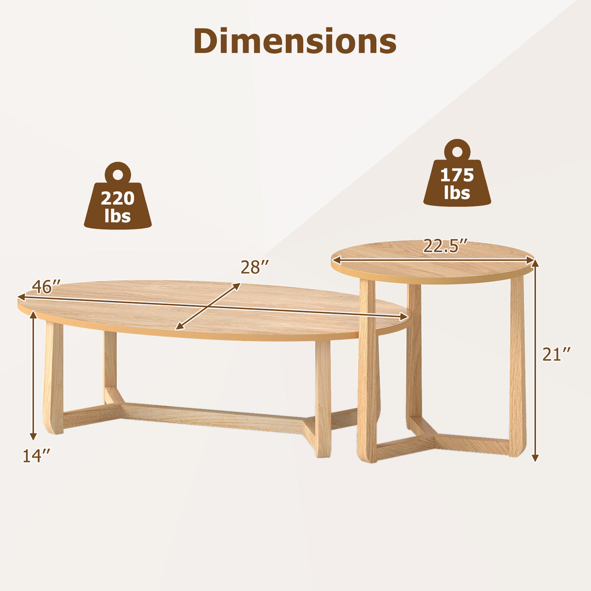 Nesting Coffee Table Set of 2 with Wood Veneered Top and Solid Rubber Wood Legs-Natural-Coffee Tables-DECOROLALA