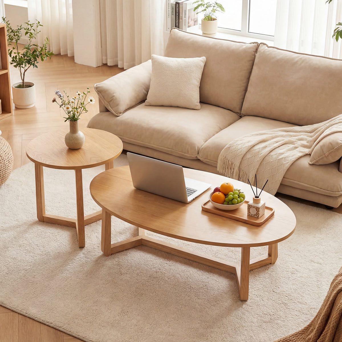 Nesting Coffee Table Set of 2 with Wood Veneered Top and Solid Rubber Wood Legs-Natural-Coffee Tables-DECOROLALA