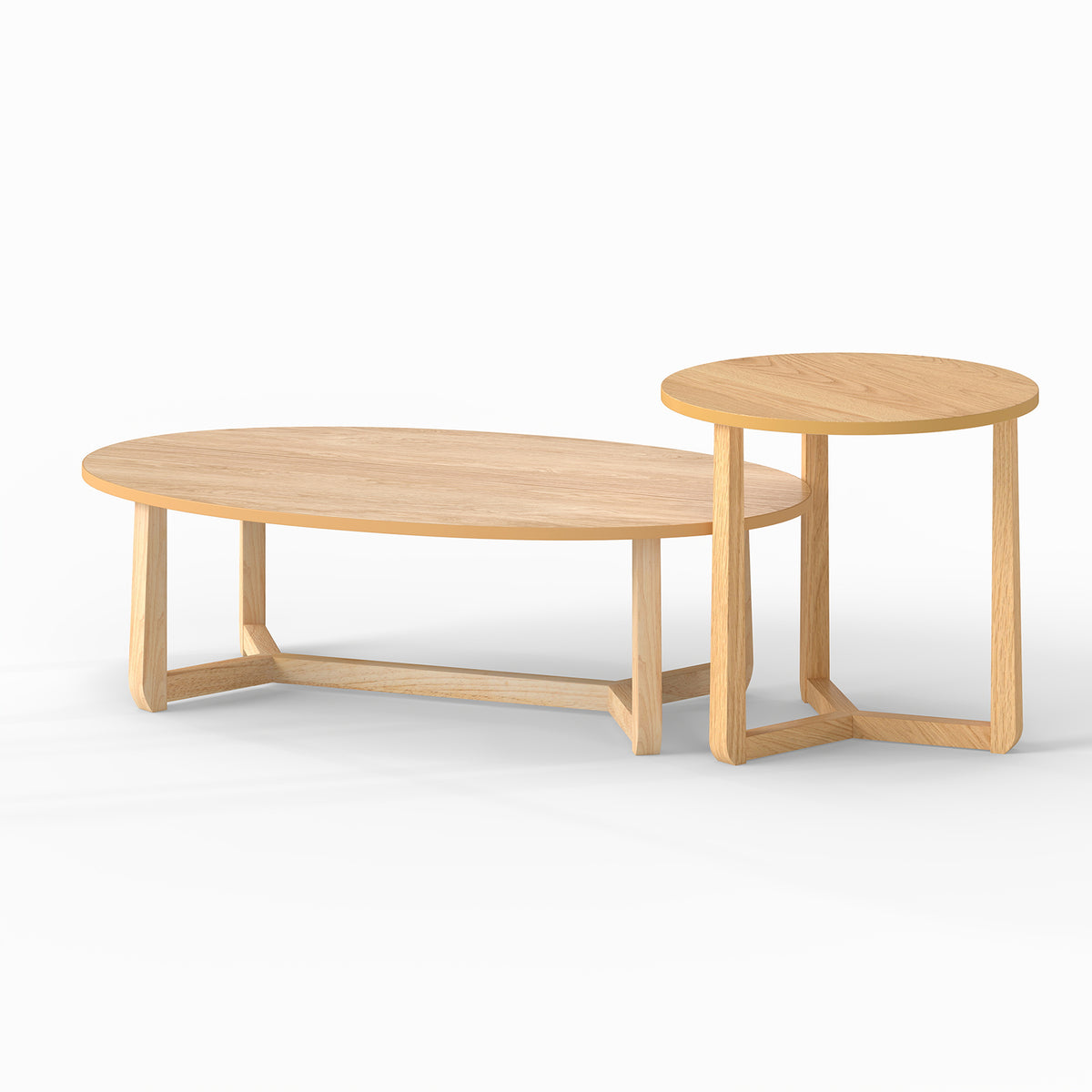 Nesting Coffee Table Set of 2 with Wood Veneered Top and Solid Rubber Wood Legs-Natural-Coffee Tables-DECOROLALA