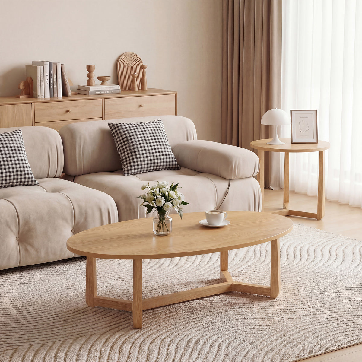 Nesting Coffee Table Set of 2 with Wood Veneered Top and Solid Rubber Wood Legs-Natural-Coffee Tables-DECOROLALA