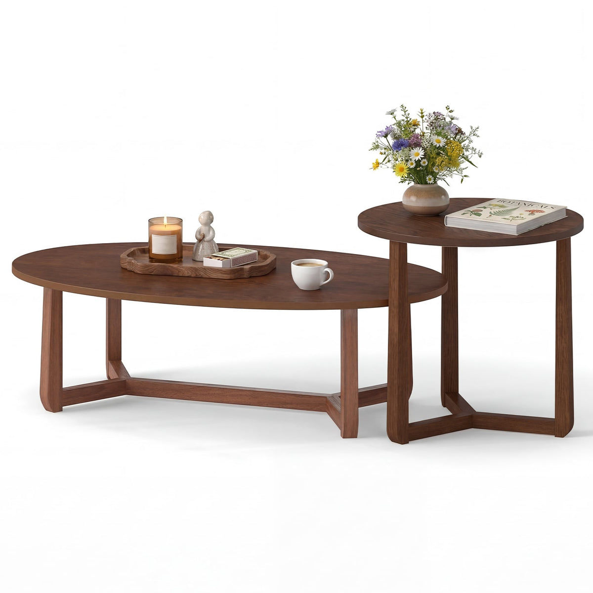 Nesting Coffee Table Set of 2 with Wood Veneered Top and Solid Rubber Wood Legs-Walnut-Coffee Tables-DECOROLALA