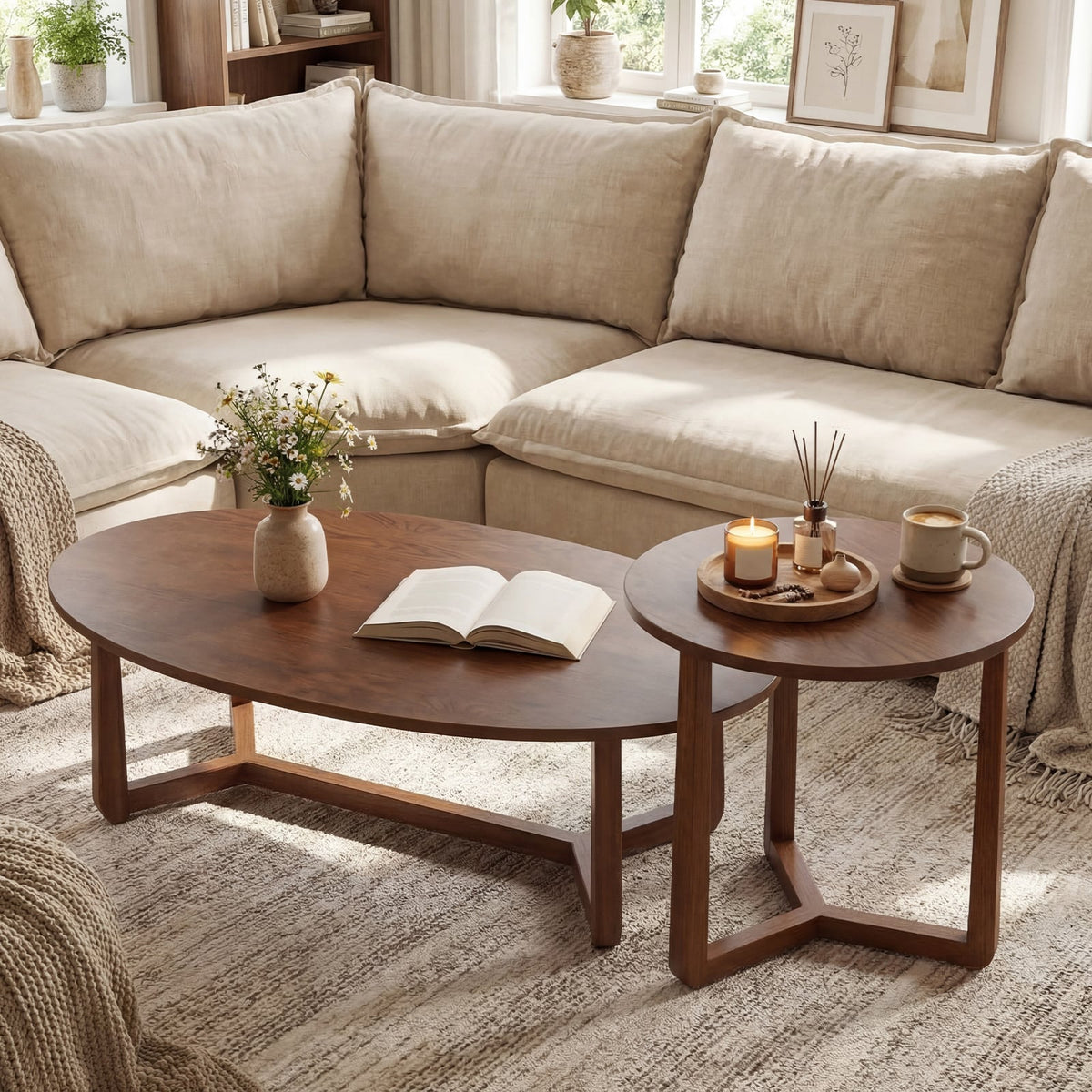 Nesting Coffee Table Set of 2 with Wood Veneered Top and Solid Rubber Wood Legs-Walnut-Coffee Tables-DECOROLALA