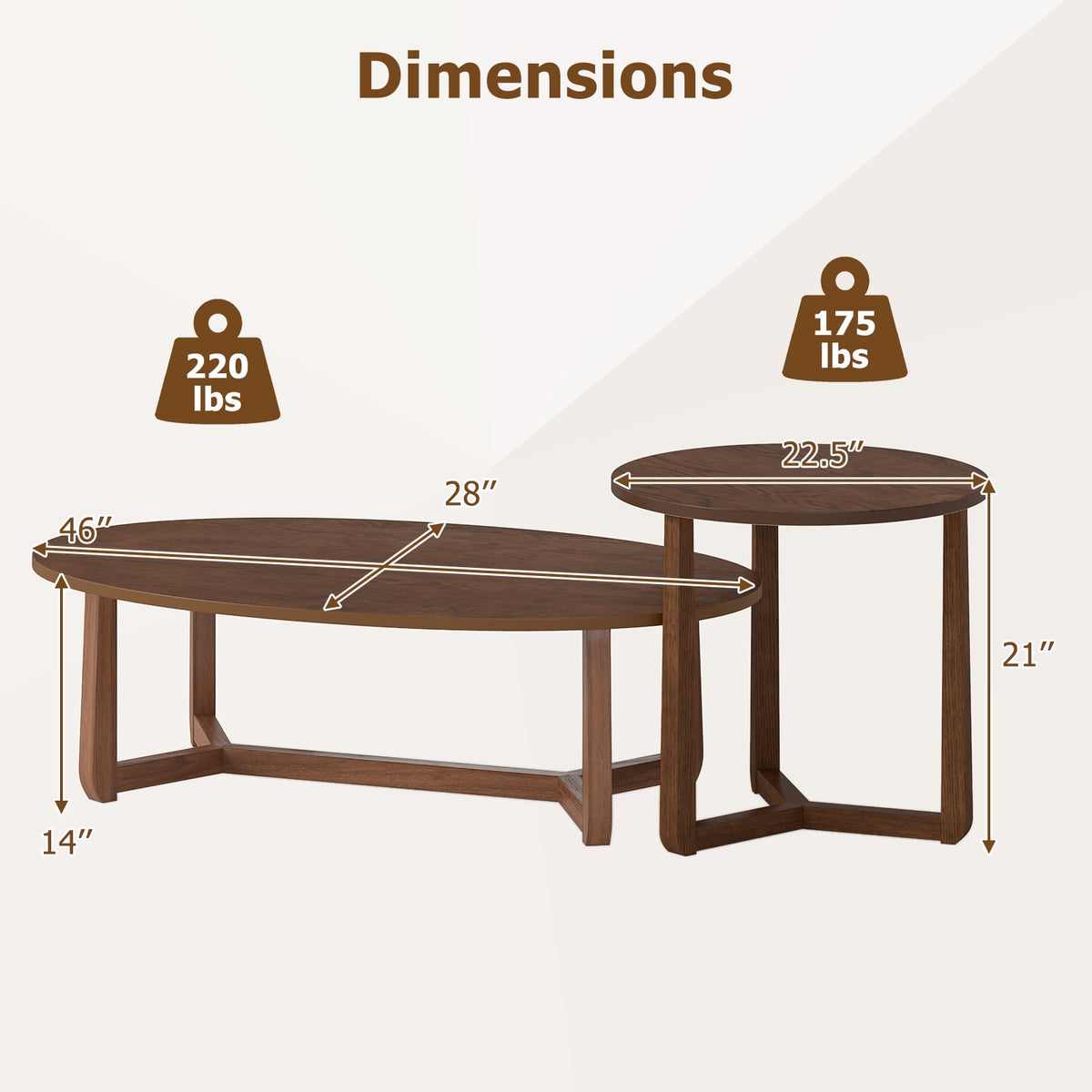 Nesting Coffee Table Set of 2 with Wood Veneered Top and Solid Rubber Wood Legs-Walnut-Coffee Tables-DECOROLALA