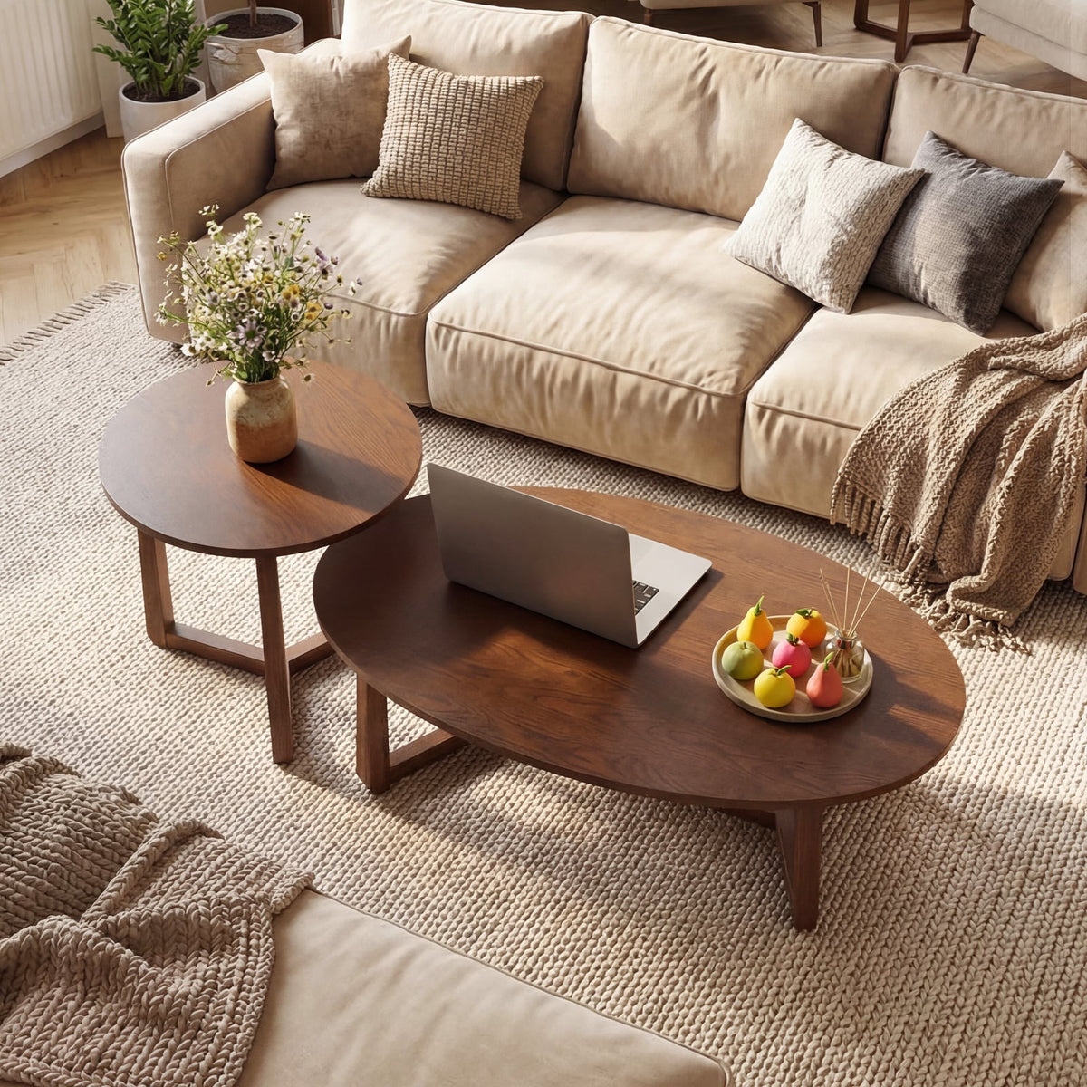 Nesting Coffee Table Set of 2 with Wood Veneered Top and Solid Rubber Wood Legs-Walnut-Coffee Tables-DECOROLALA