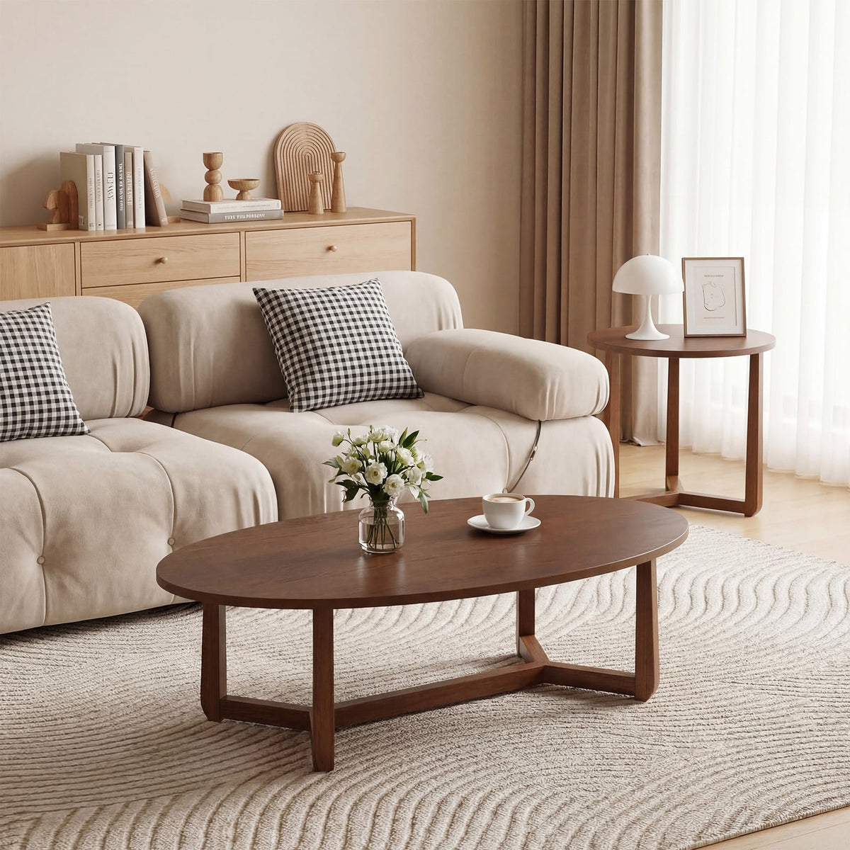 Nesting Coffee Table Set of 2 with Wood Veneered Top and Solid Rubber Wood Legs-Walnut-Coffee Tables-DECOROLALA