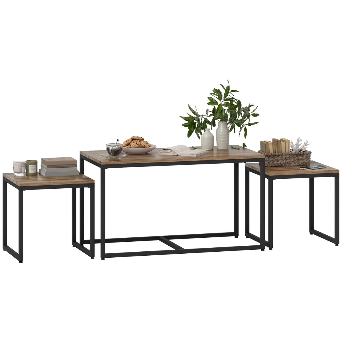 Nesting Coffee Table Set of 3 - Brown Wood Grain Modern MDF-Home Furnishings > Living Room Furniture > Coffee Tables-DECOROLALA