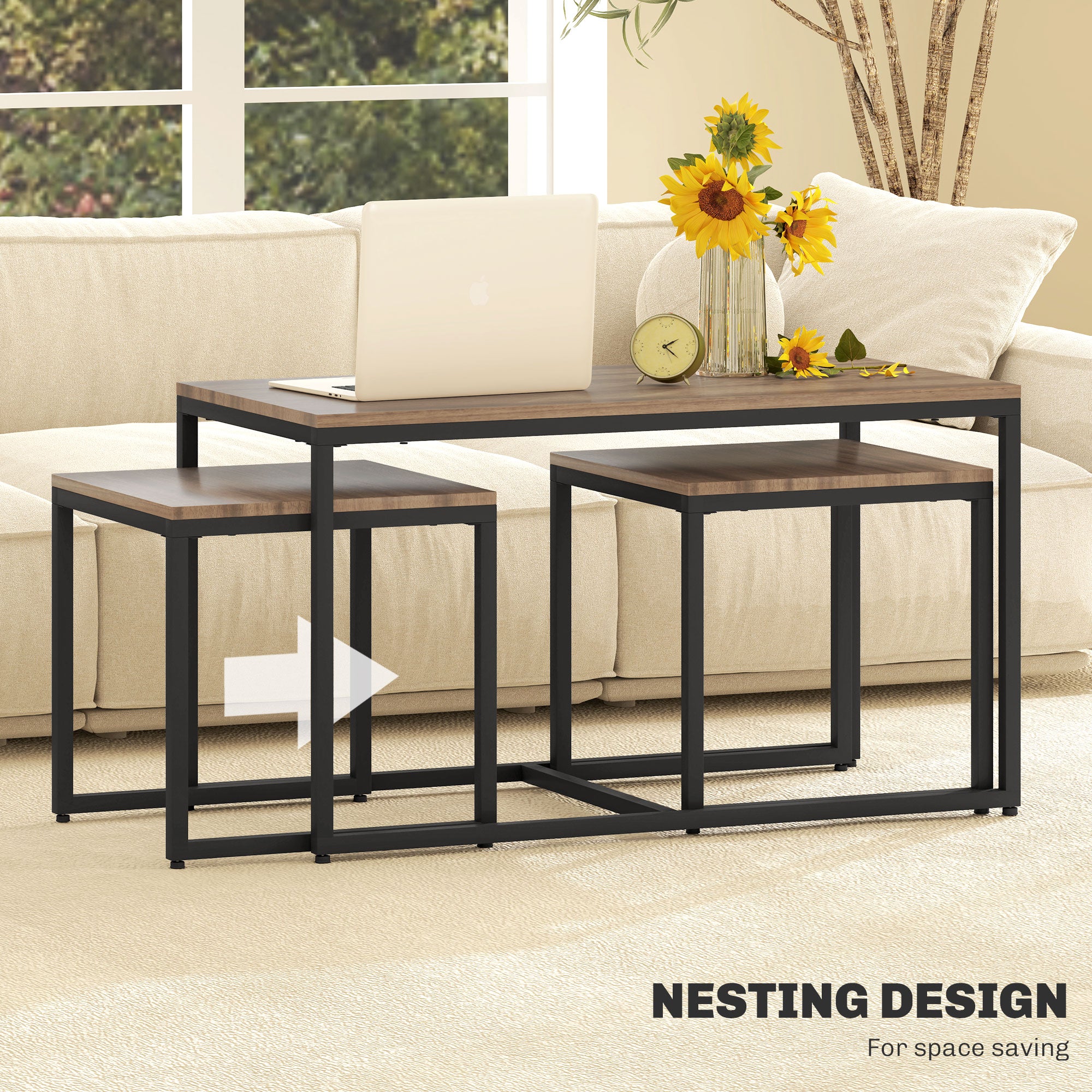 Nesting Coffee Table Set of 3 - Brown Wood Grain Modern MDF-Home Furnishings > Living Room Furniture > Coffee Tables-DECOROLALA