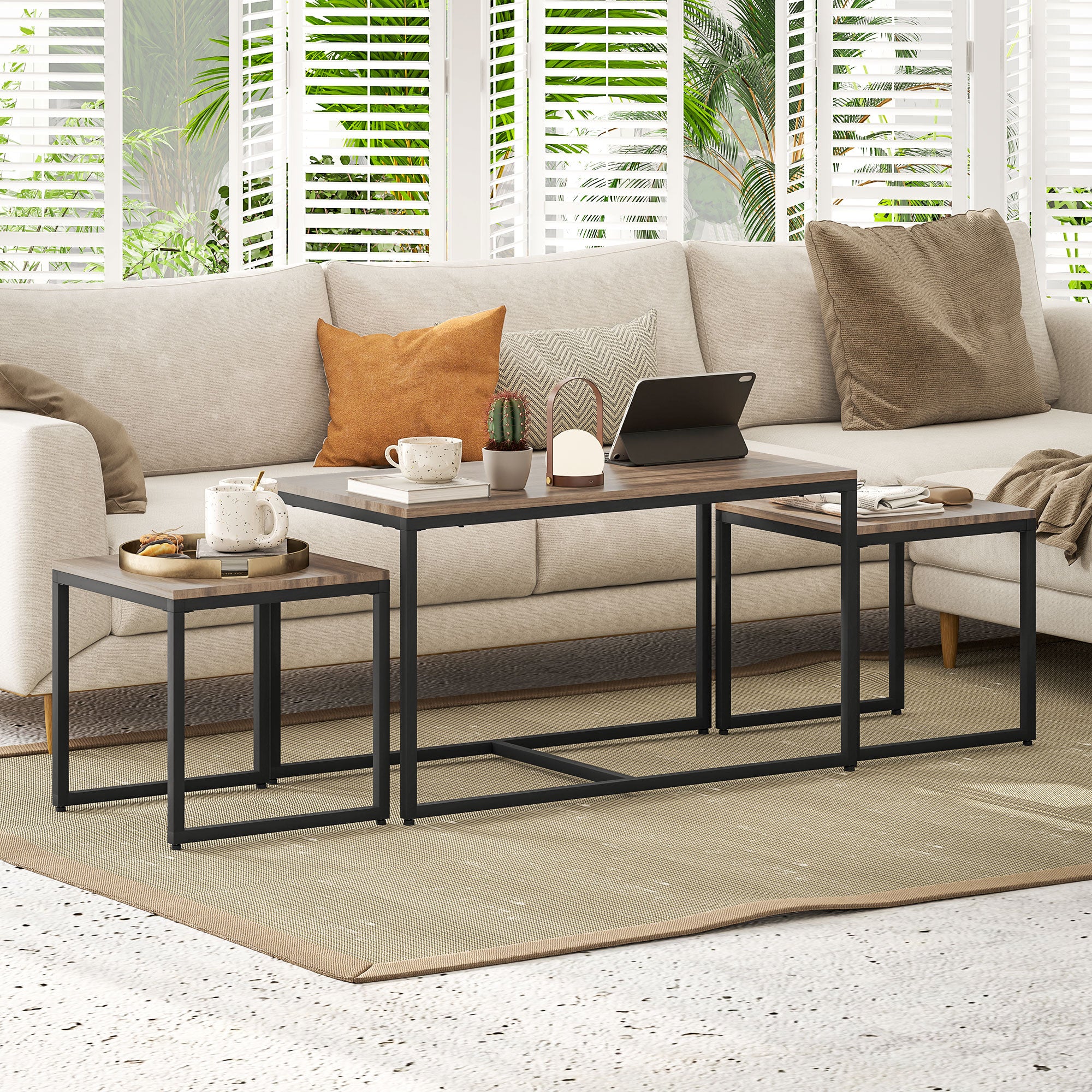 Nesting Coffee Table Set of 3 - Brown Wood Grain Modern MDF-Home Furnishings > Living Room Furniture > Coffee Tables-DECOROLALA