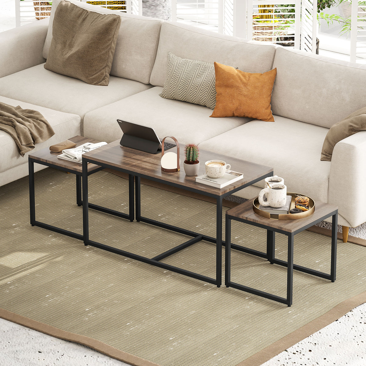 Nesting Coffee Table Set of 3 - Brown Wood Grain Modern MDF-Home Furnishings > Living Room Furniture > Coffee Tables-DECOROLALA