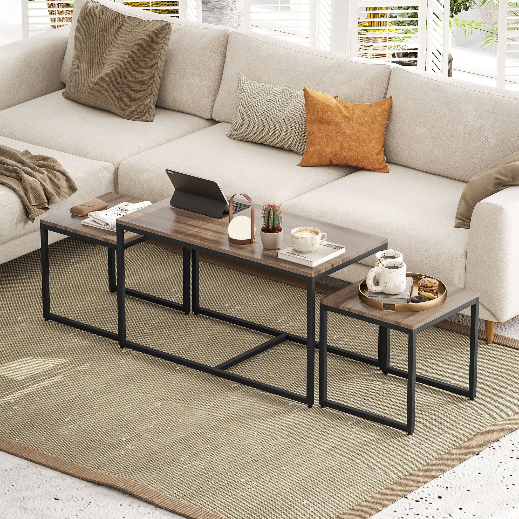 Nesting Coffee Table Set of 3 - Brown Wood Grain Modern MDF-Home Furnishings > Living Room Furniture > Coffee Tables-DECOROLALA