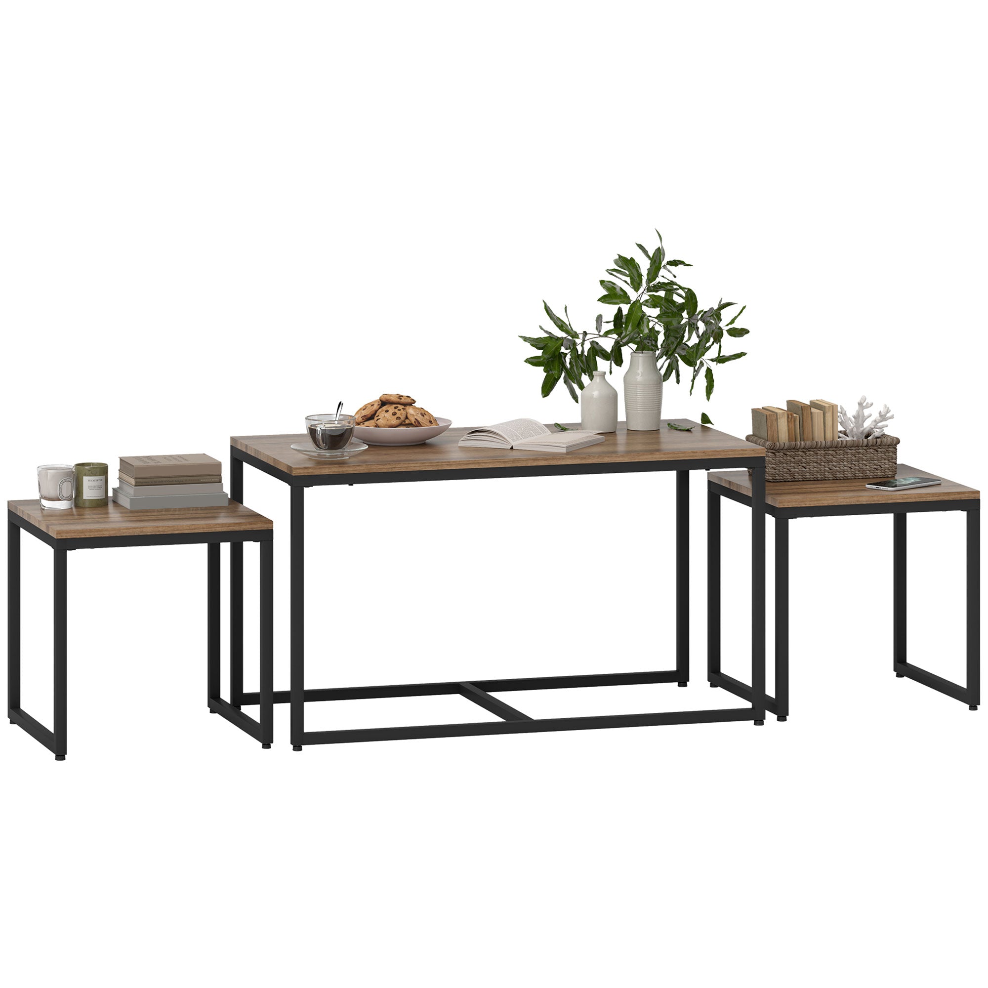 Nesting Coffee Table Set of 3 - Brown Wood Grain Modern MDF-Home Furnishings > Living Room Furniture > Coffee Tables-DECOROLALA