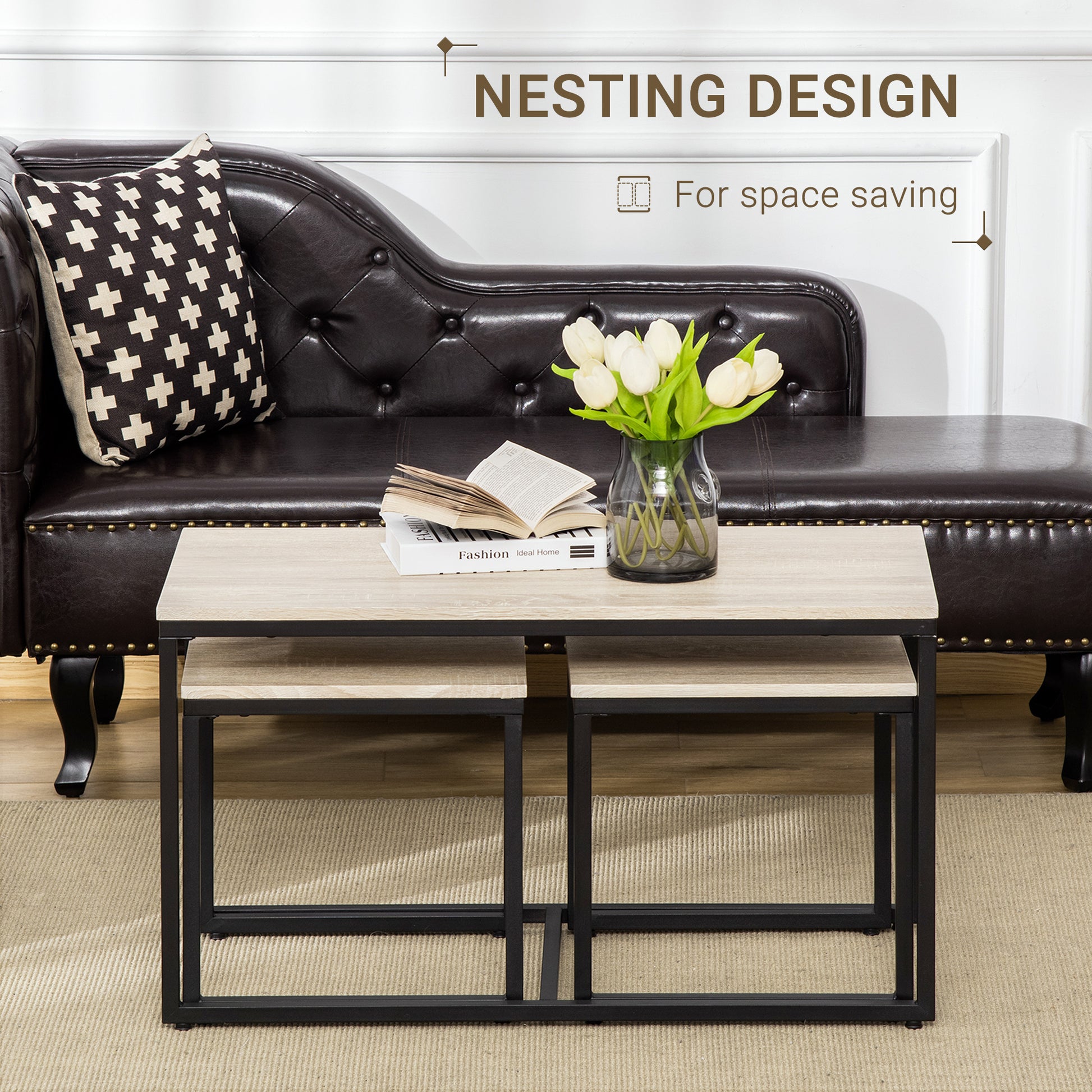 Nesting Coffee Table Set of 3 - Natural and Black Metal-Home Furnishings > Living Room Furniture > Coffee Tables-DECOROLALA