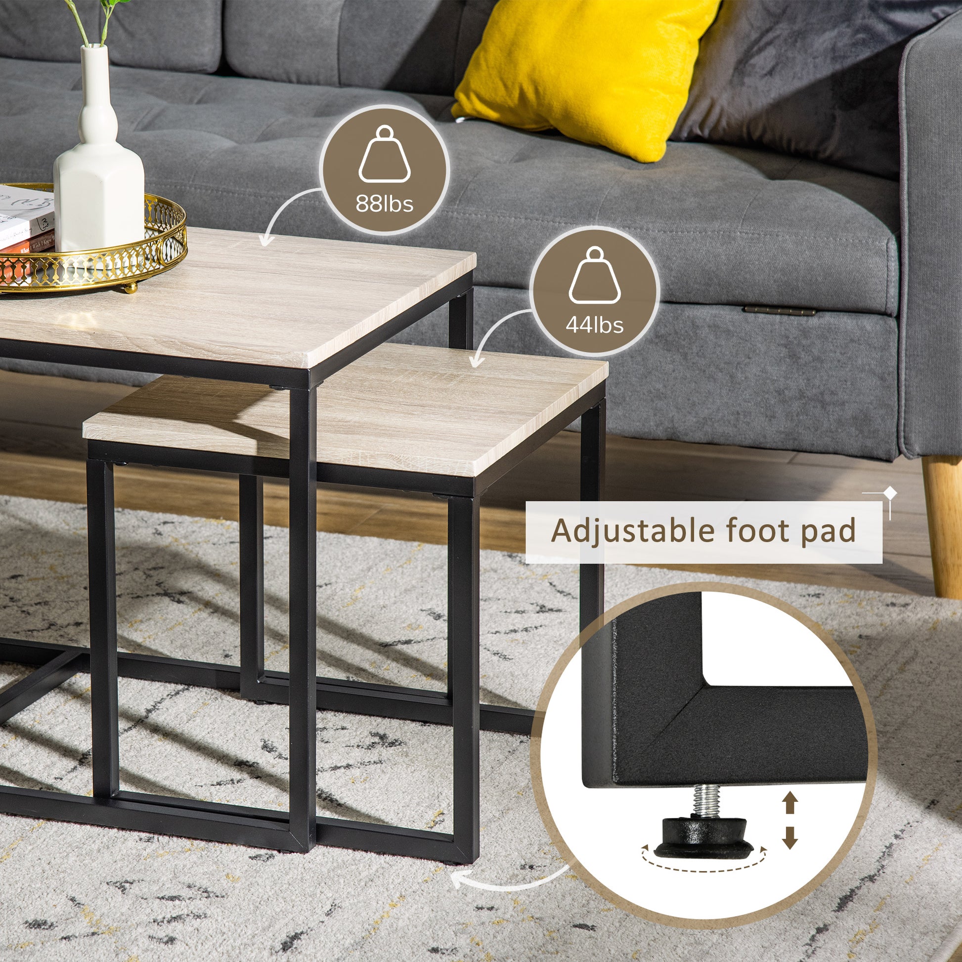 Nesting Coffee Table Set of 3 - Natural and Black Metal-Home Furnishings > Living Room Furniture > Coffee Tables-DECOROLALA