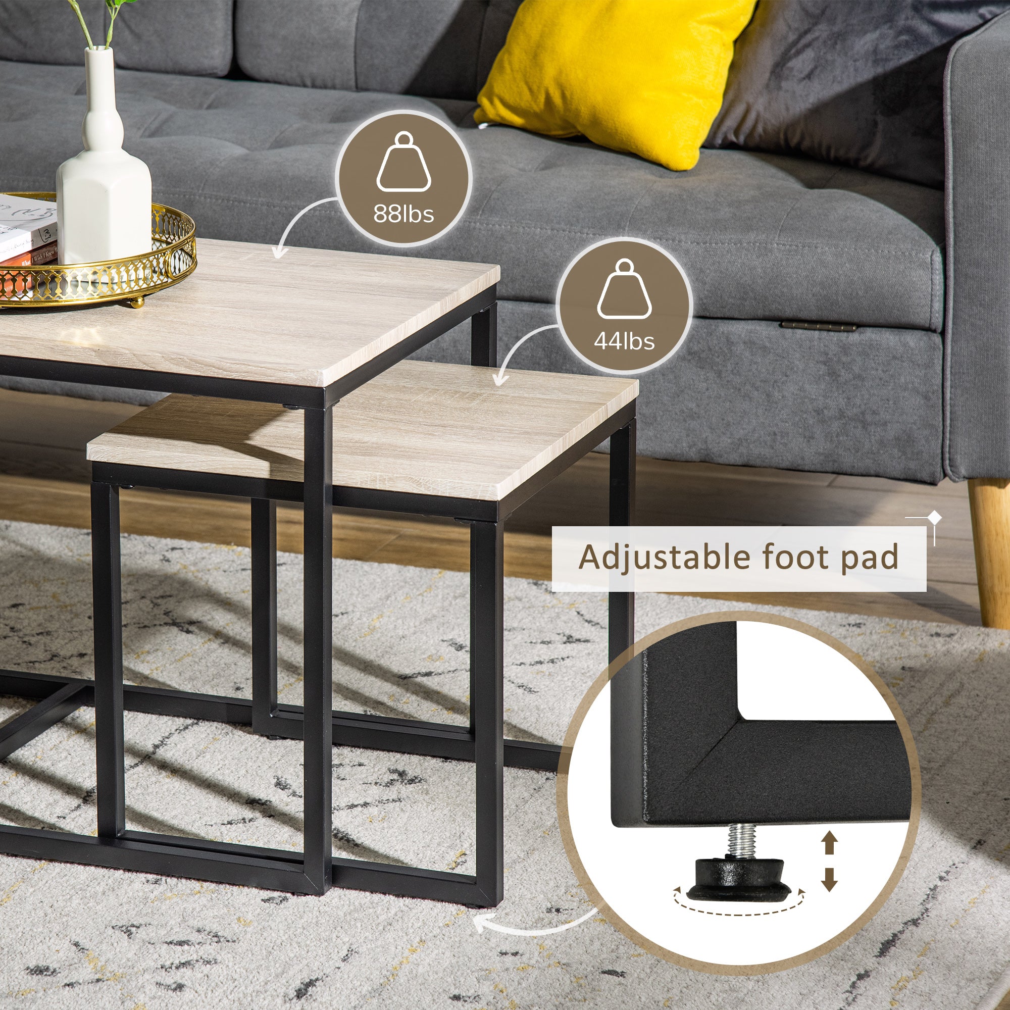 Nesting Coffee Table Set of 3 - Natural and Black Metal-Home Furnishings > Living Room Furniture > Coffee Tables-DECOROLALA