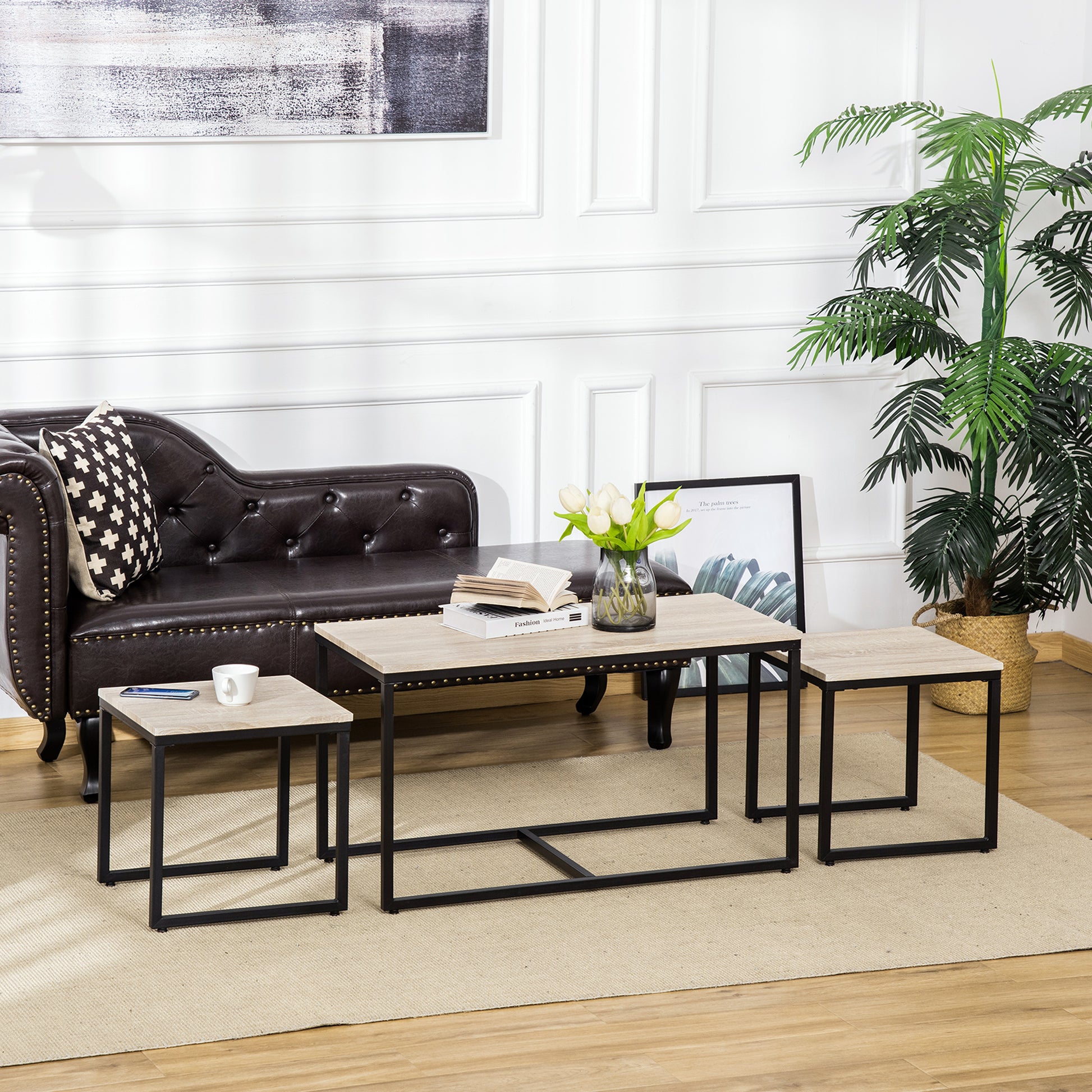 Nesting Coffee Table Set of 3 - Natural and Black Metal-Home Furnishings > Living Room Furniture > Coffee Tables-DECOROLALA