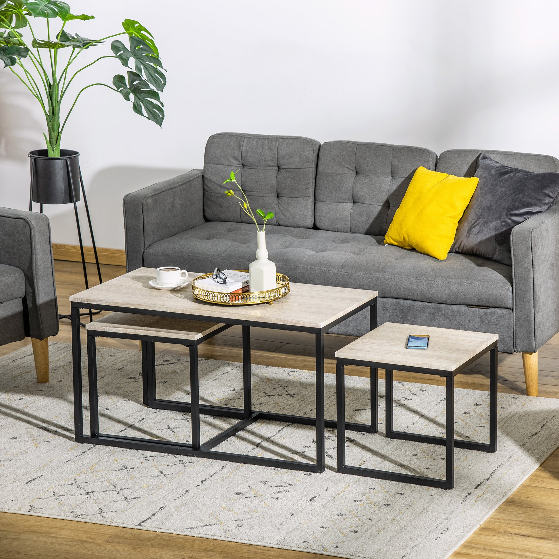 Nesting Coffee Table Set of 3 - Natural and Black Metal-Home Furnishings > Living Room Furniture > Coffee Tables-DECOROLALA