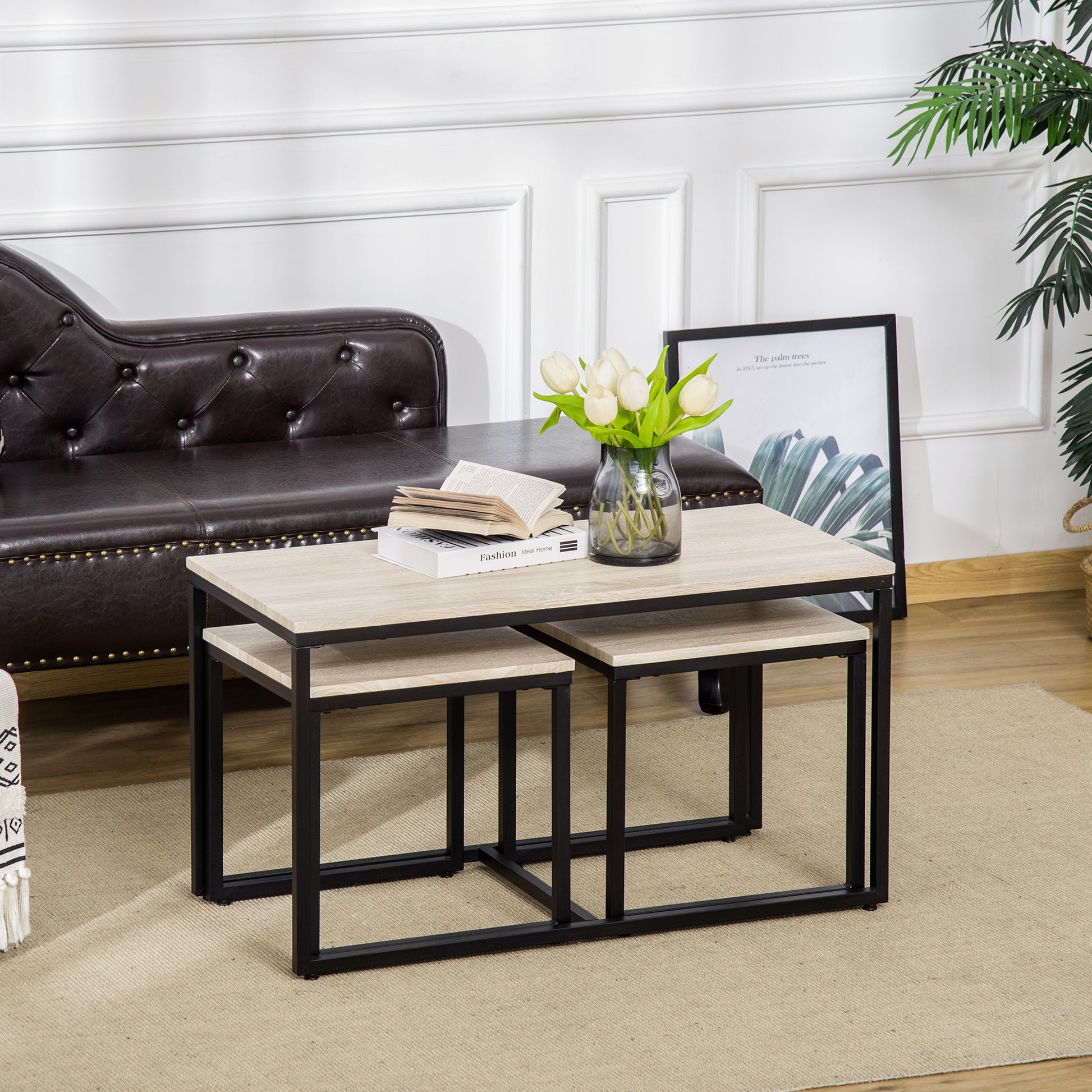 Nesting Coffee Table Set of 3 - Natural and Black Metal-Home Furnishings > Living Room Furniture > Coffee Tables-DECOROLALA