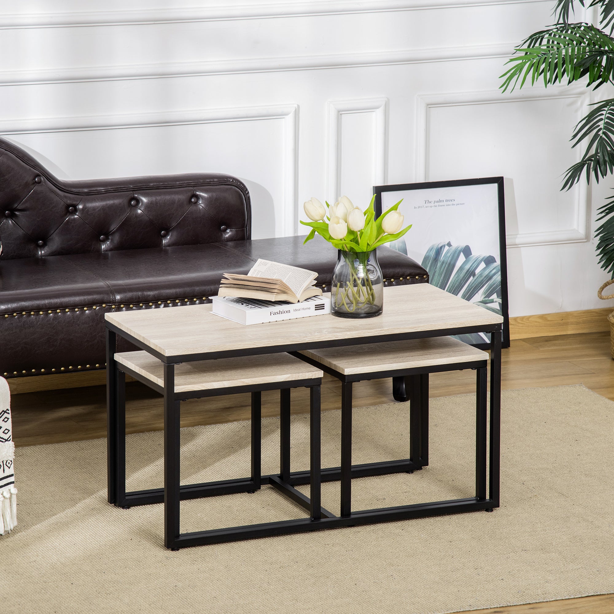 Nesting Coffee Table Set of 3 - Natural and Black Metal-Home Furnishings > Living Room Furniture > Coffee Tables-DECOROLALA