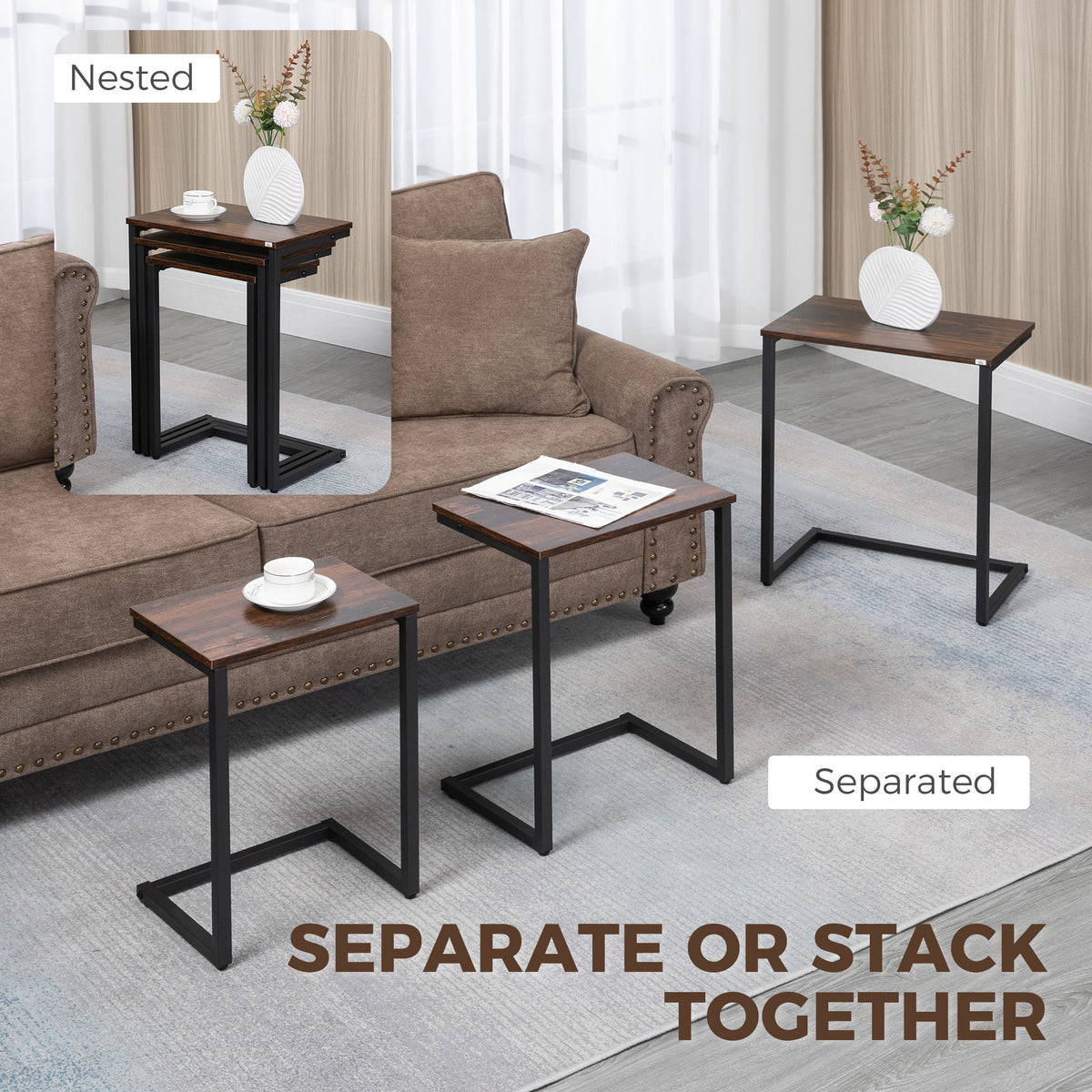Nesting Coffee Table Set of 3 - Rustic Brown C-Shaped-Home Furnishings > Living Room Furniture > Side¬†Tables-DECOROLALA